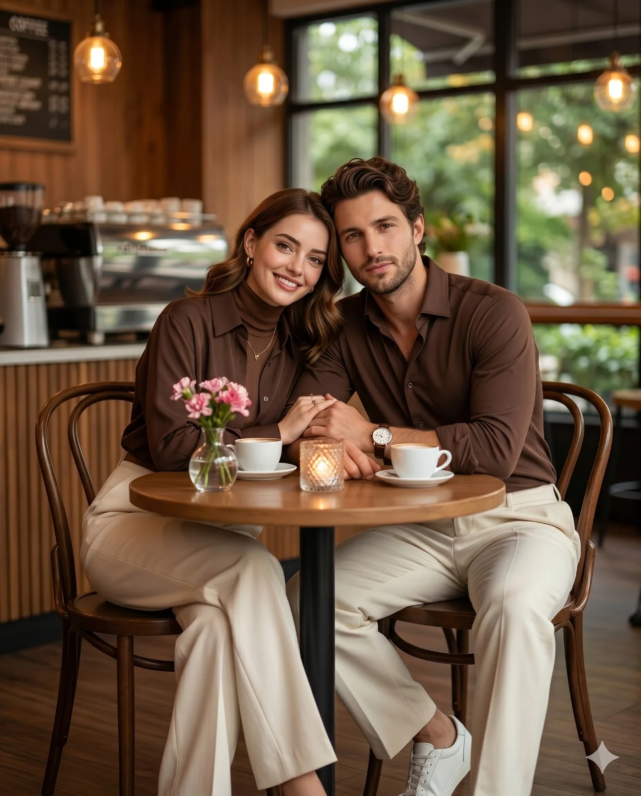 Smiling couple in matching brown tops seated together at a warm café table