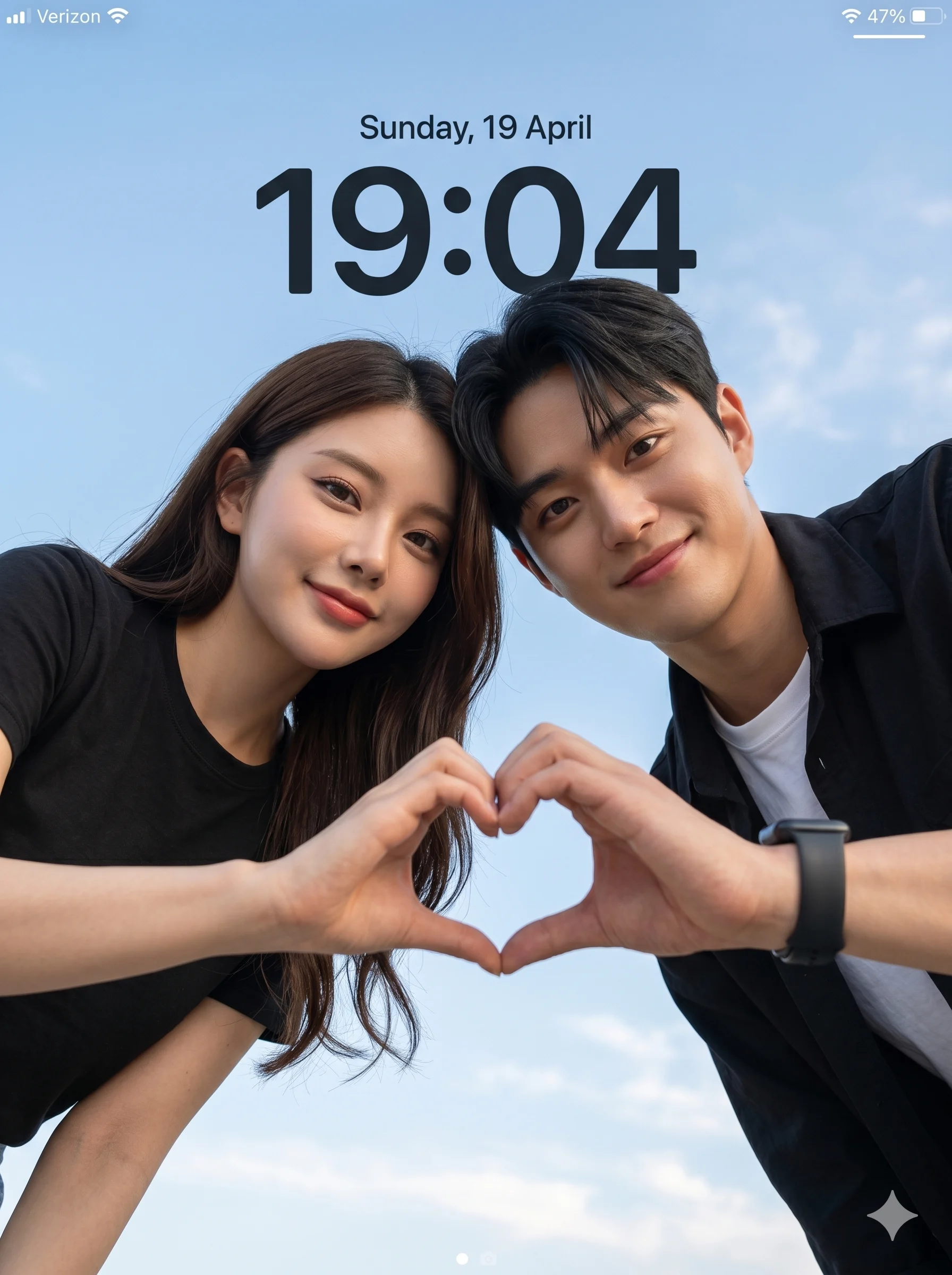 Smiling couple forming a heart with their hands beneath a blue sky and lockscreen clock