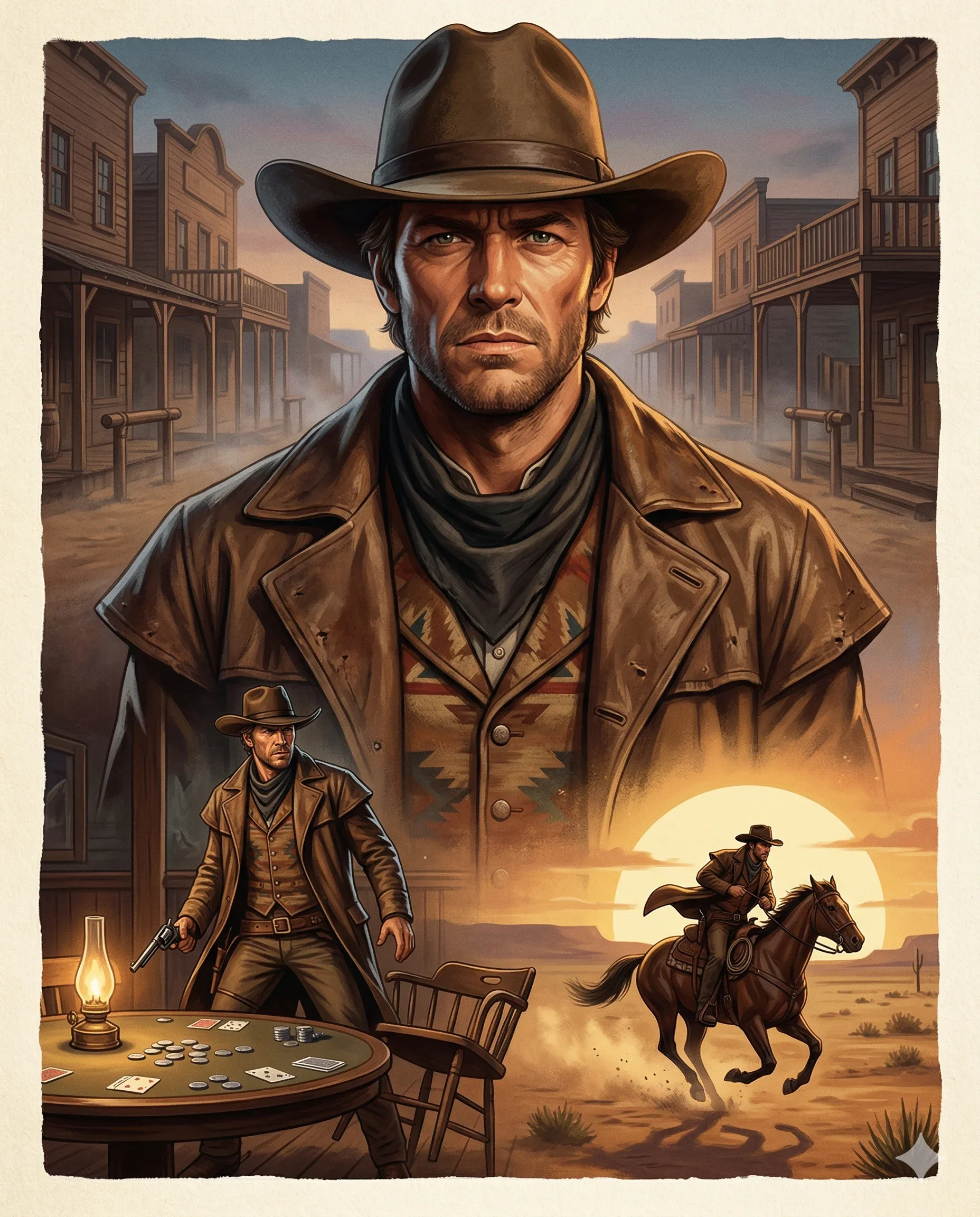 Vintage Western montage with a cowboy portrait, saloon scene, and rider at sunset