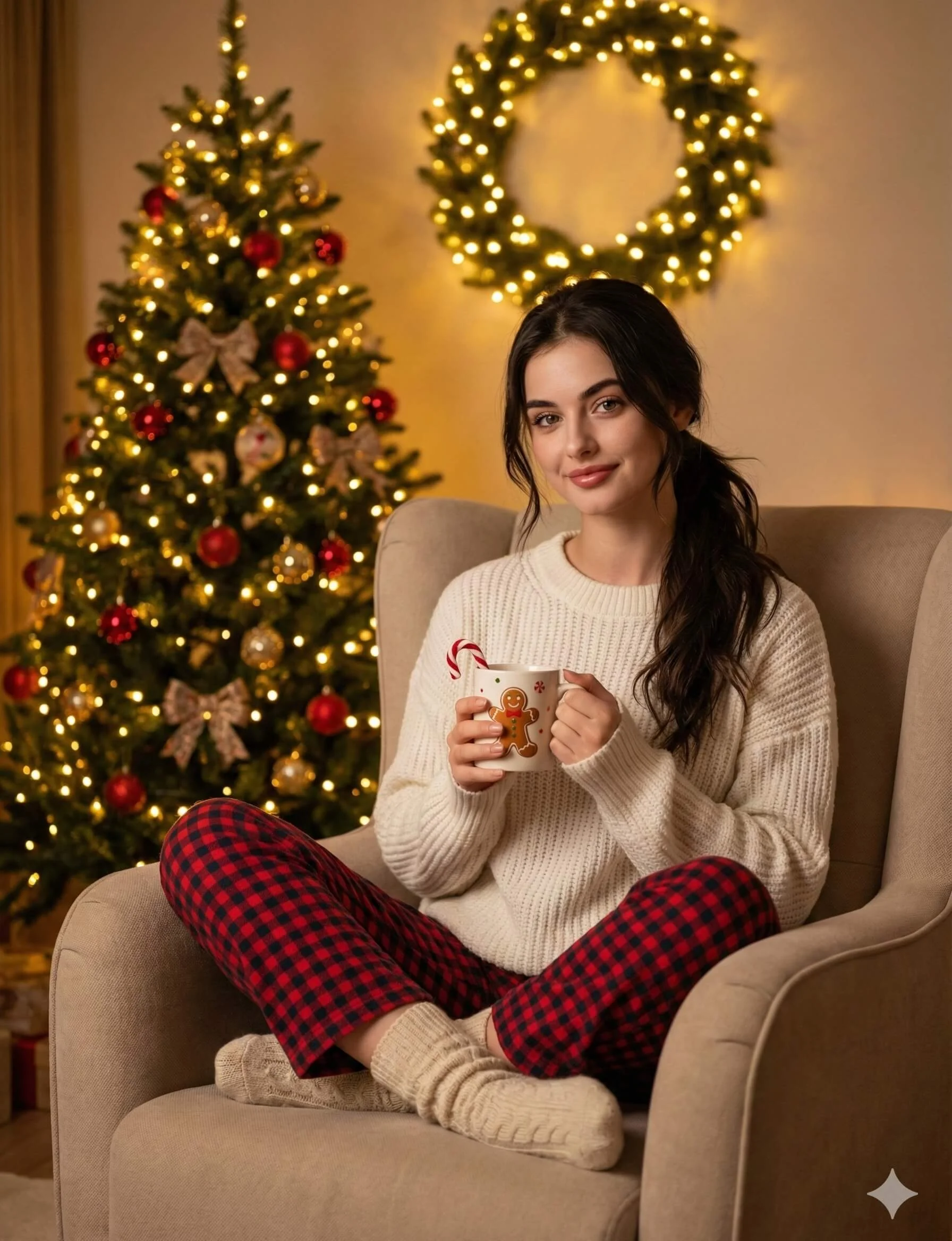 Woman holding a festive mug in an armchair beside a glowing Christmas tree