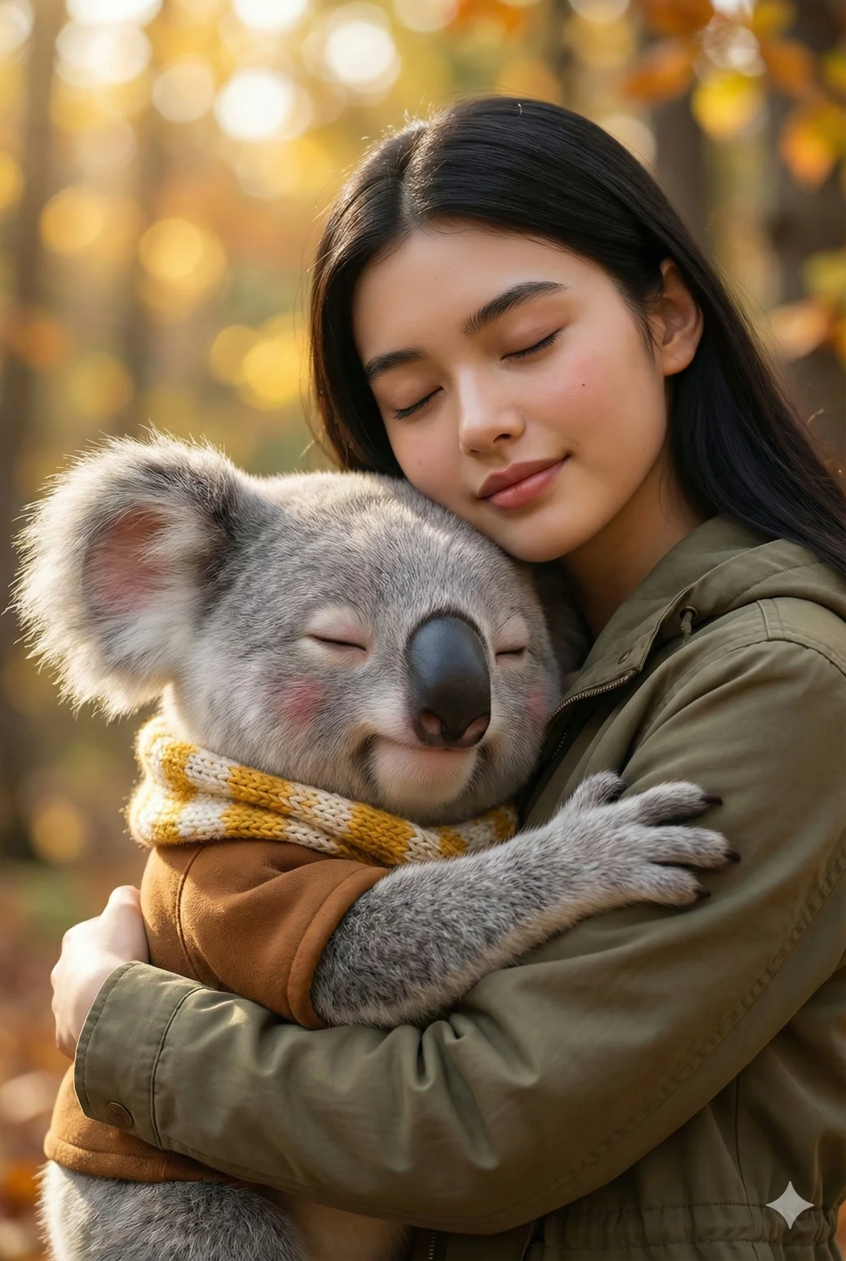 Woman with closed eyes hugging a koala wearing a knitted scarf in an autumn forest