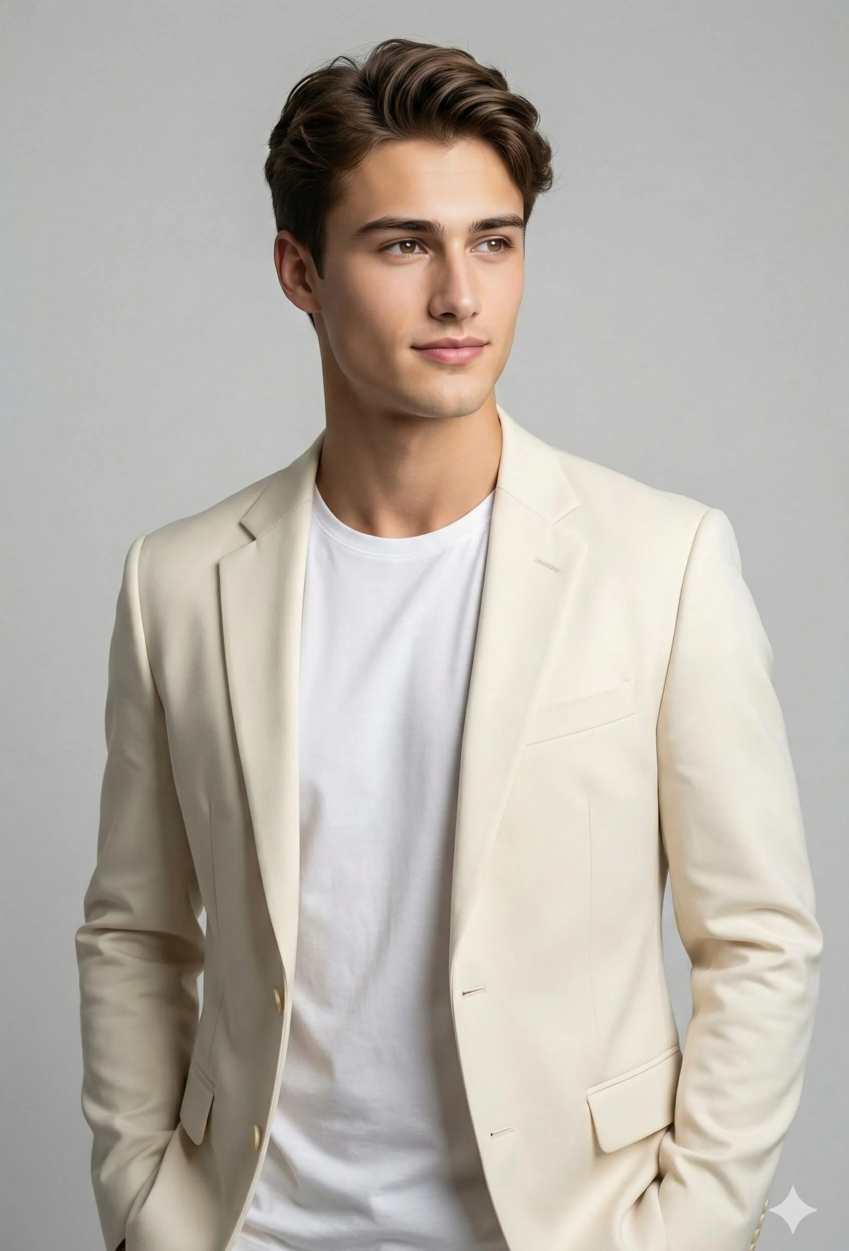 Man in a cream jacket posing with hands in pockets against a neutral gray studio background