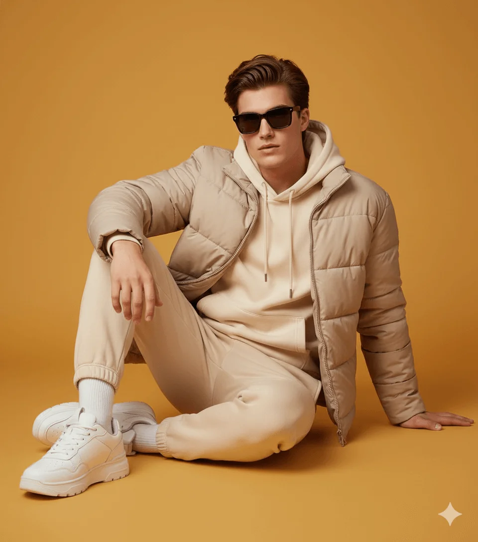 Seated man wearing layered beige and cream streetwear in a studio portrait