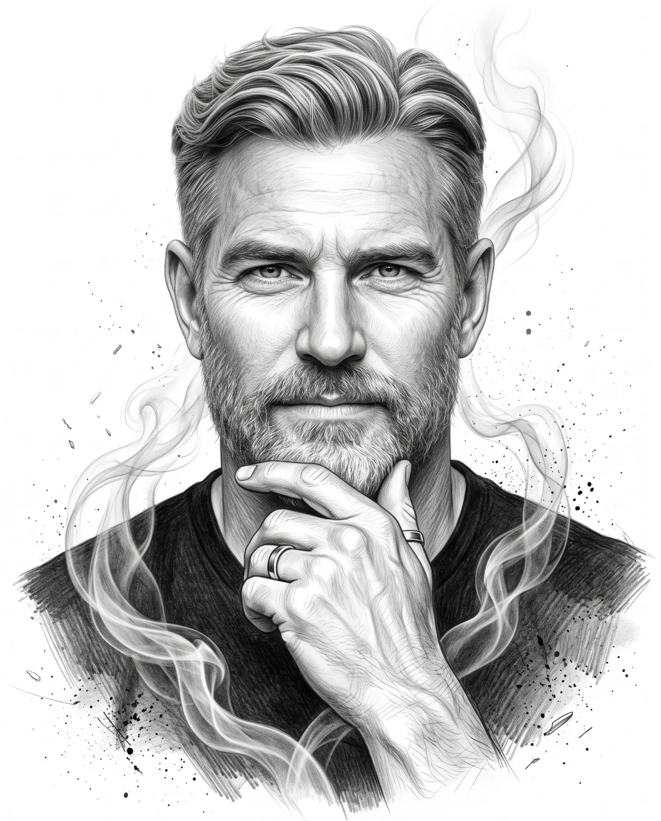 Graphite portrait of a bearded man resting his hand beneath his chin amid wisps of smoke