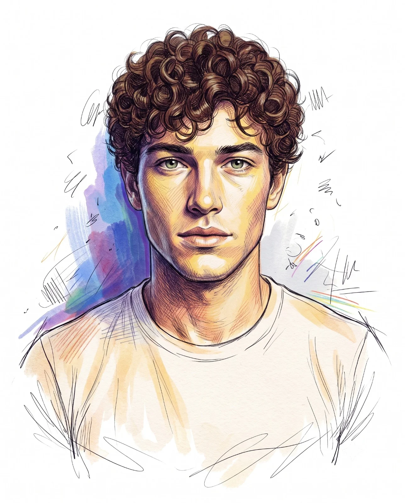 Colored crosshatch portrait of a curly-haired man on white paper with blue and purple sketch marks