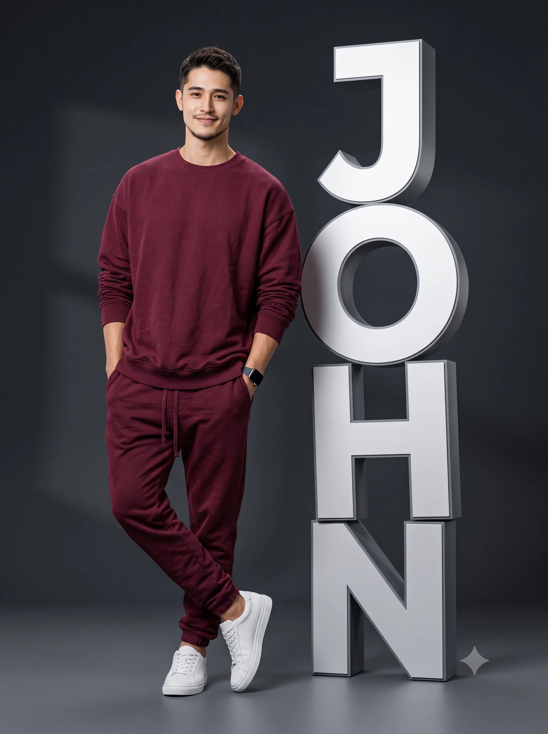 Man in a burgundy tracksuit beside stacked silver letters spelling JOHN