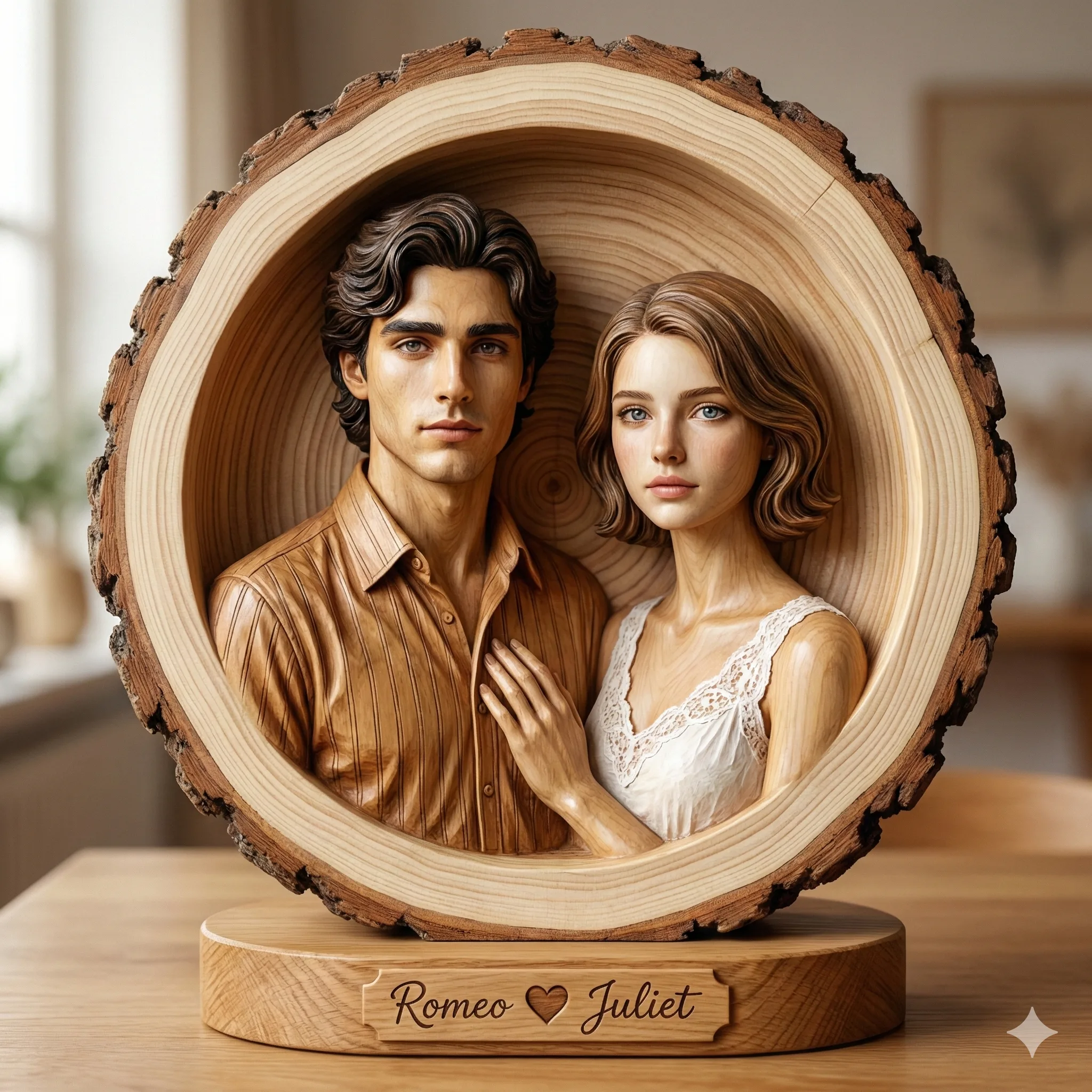 Oak slice sculpture of a couple above a base carved with Romeo and Juliet