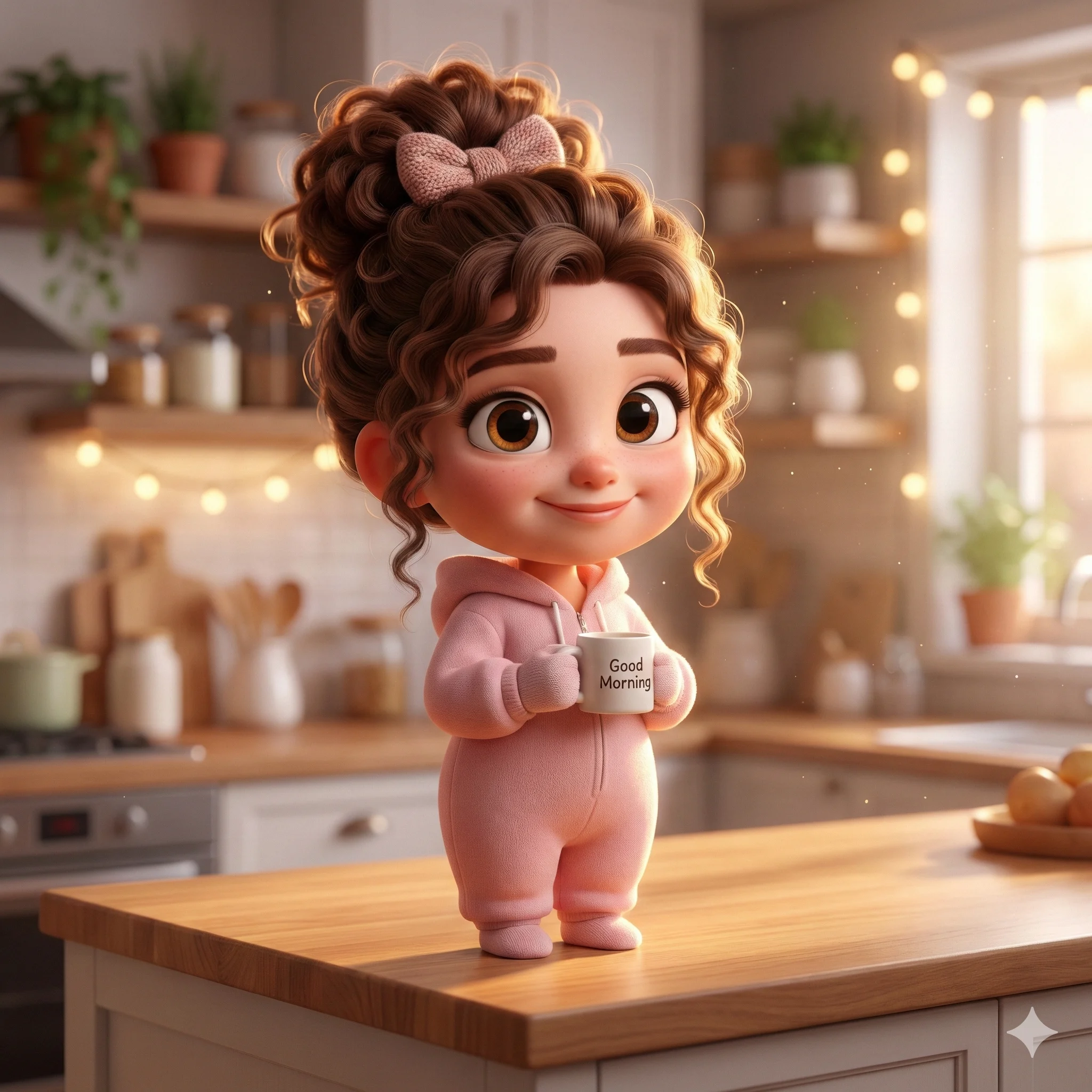 Chibi girl in pink loungewear holding a Good Morning mug on a kitchen counter