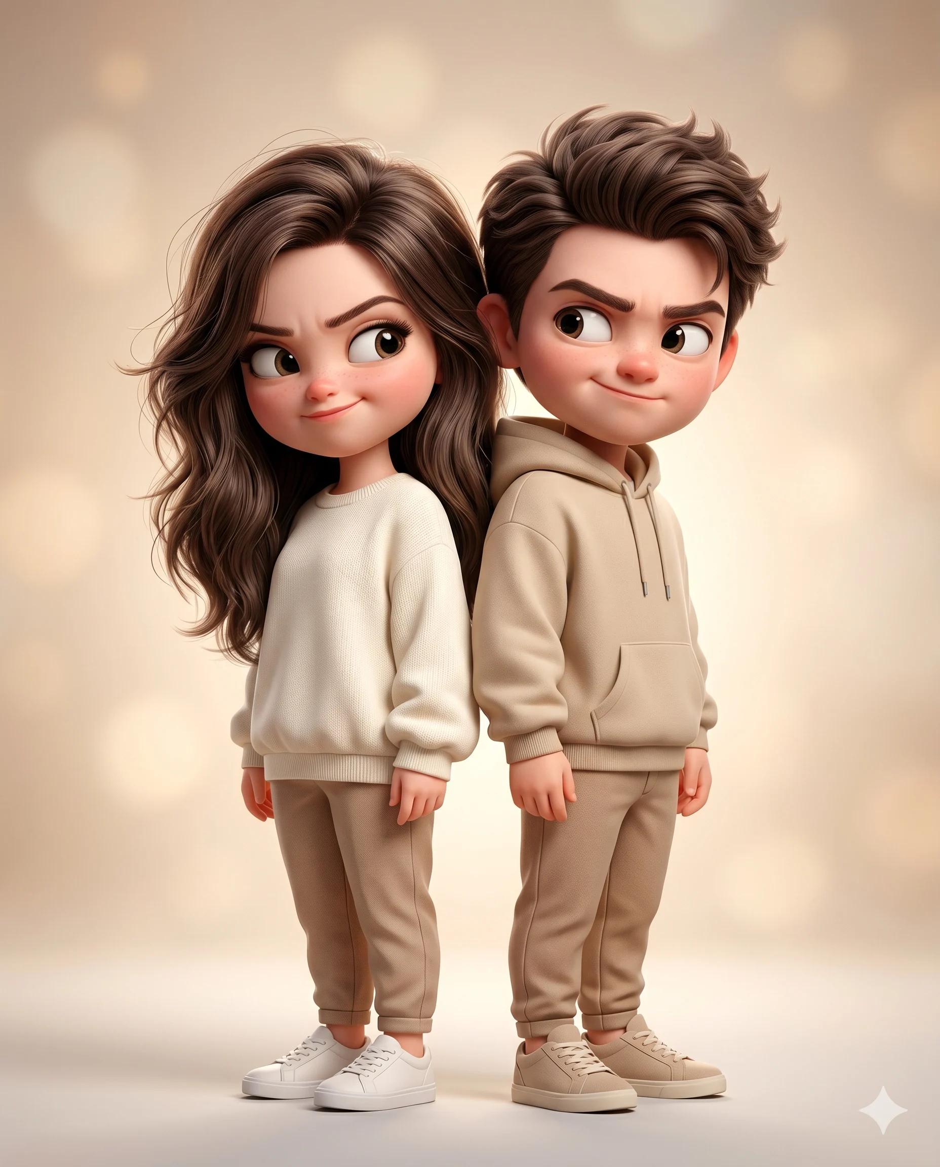 Smirking 3D chibi couple standing back-to-back in matching cream outfits
