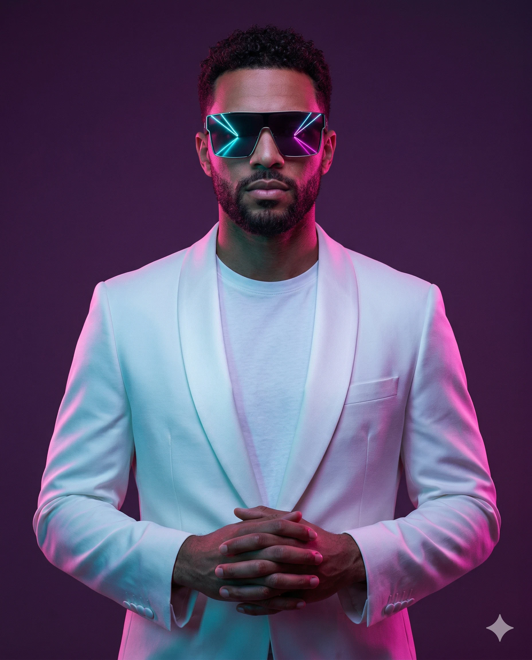 Man in a white tuxedo wearing reflective neon sunglasses against a purple background