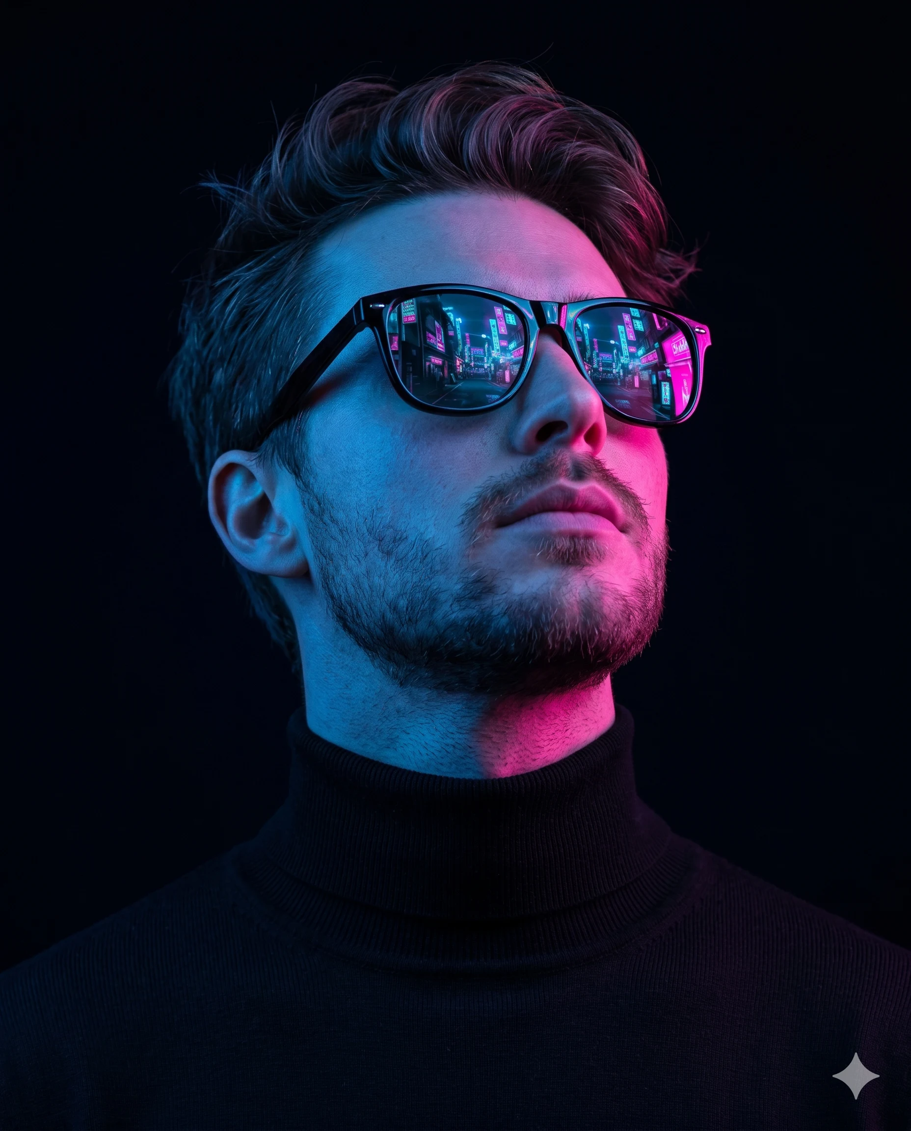 Man in a black turtleneck wearing sunglasses that reflect a neon city