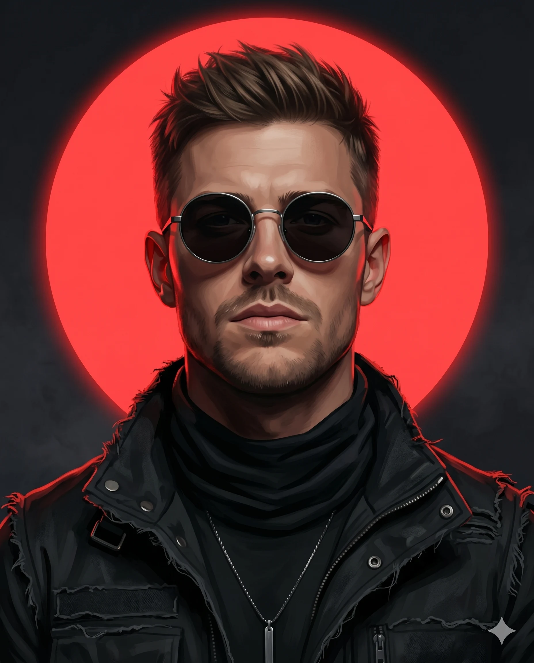 Man in black techwear and round sunglasses posed before a bright red circular light
