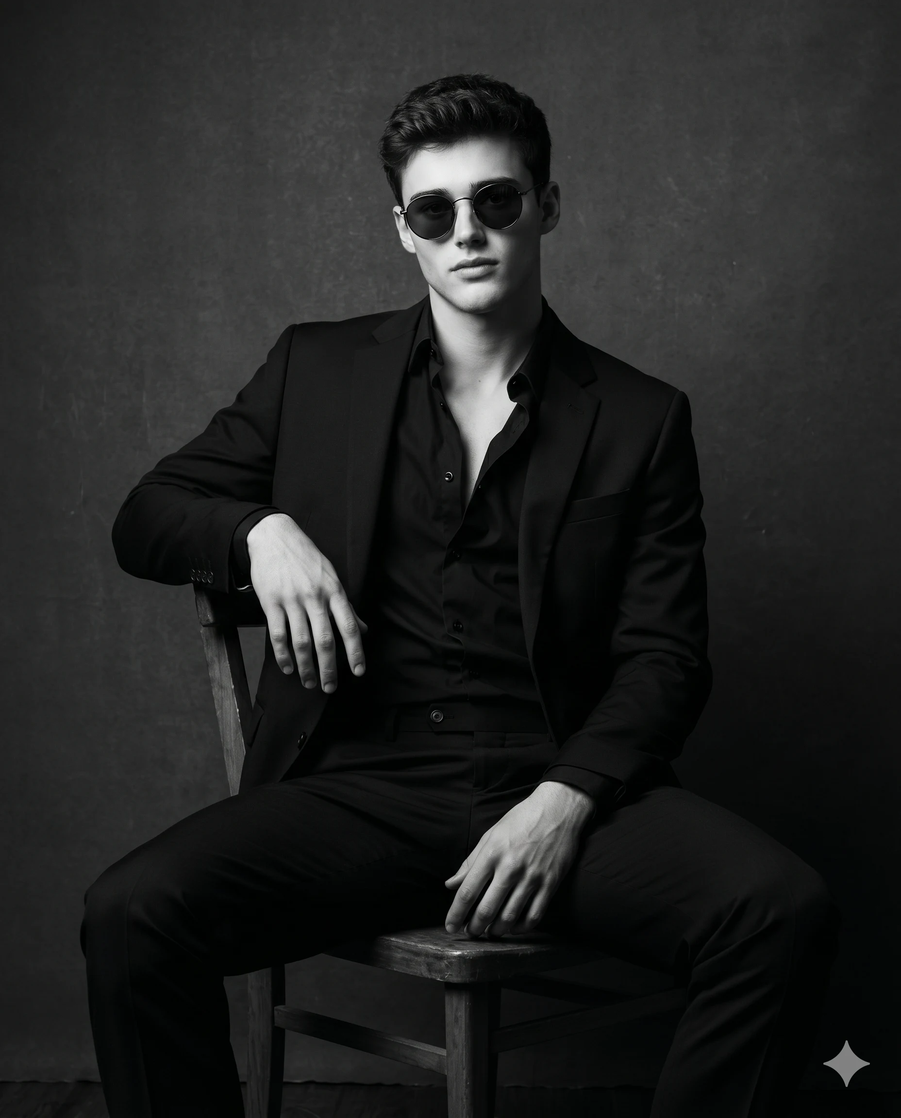 Man in a black suit and round sunglasses seated on a wooden chair in a dark studio