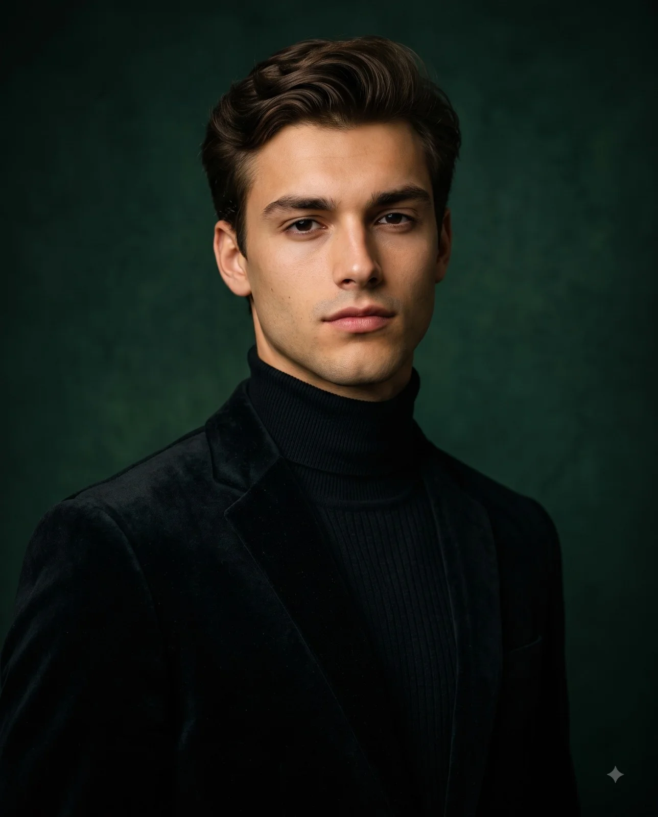 Man wearing a black turtleneck and velvet blazer against a dark green studio background
