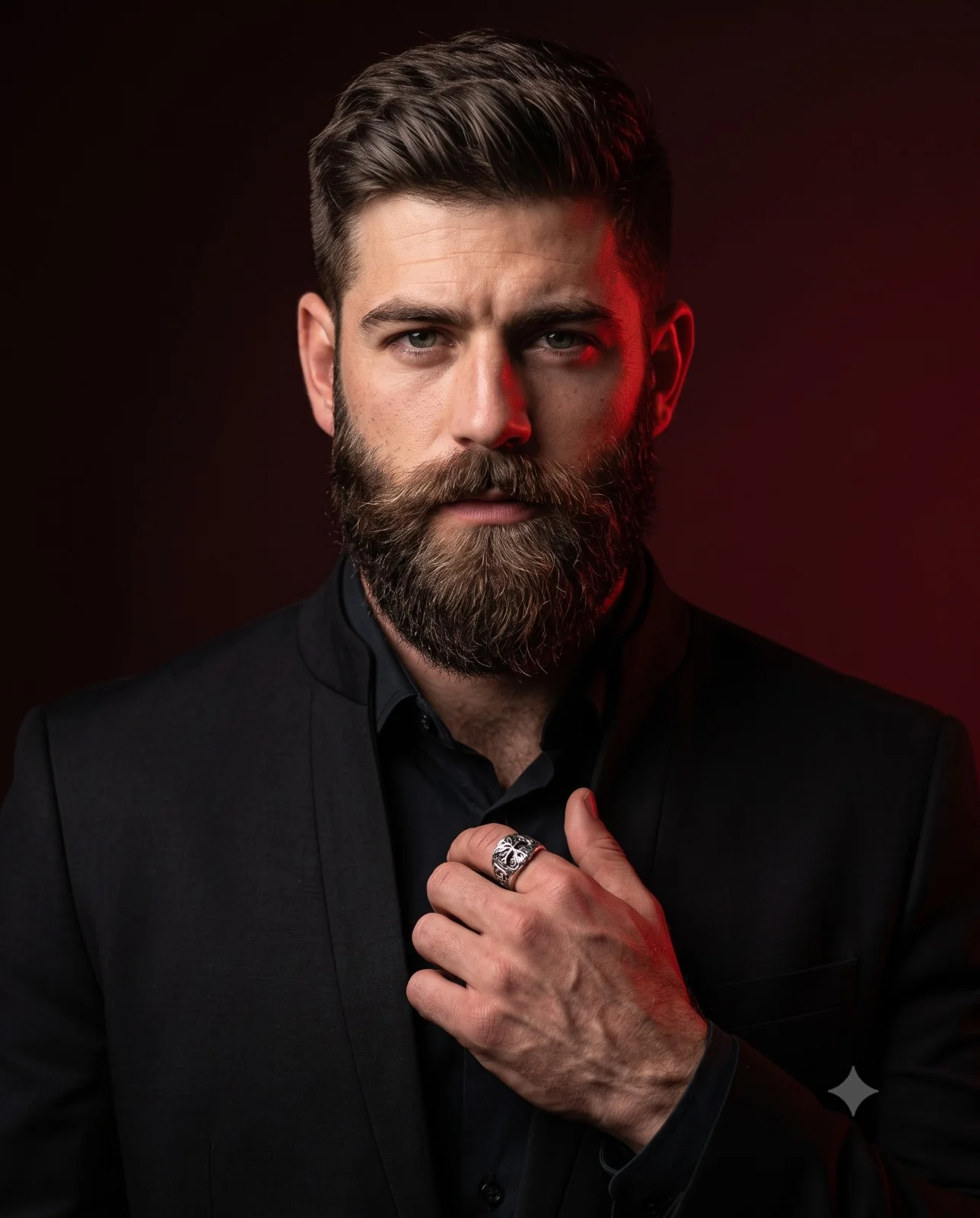 Bearded man in a black suit displaying a silver ring under red rim lighting