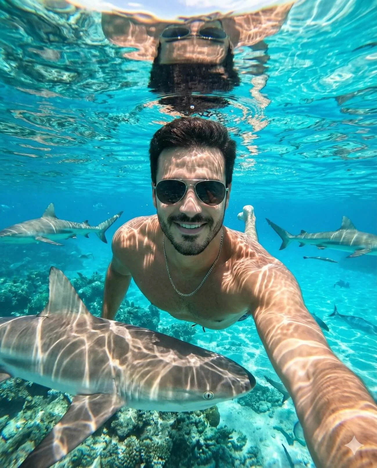 Man taking an underwater selfie while reef sharks swim through clear blue water