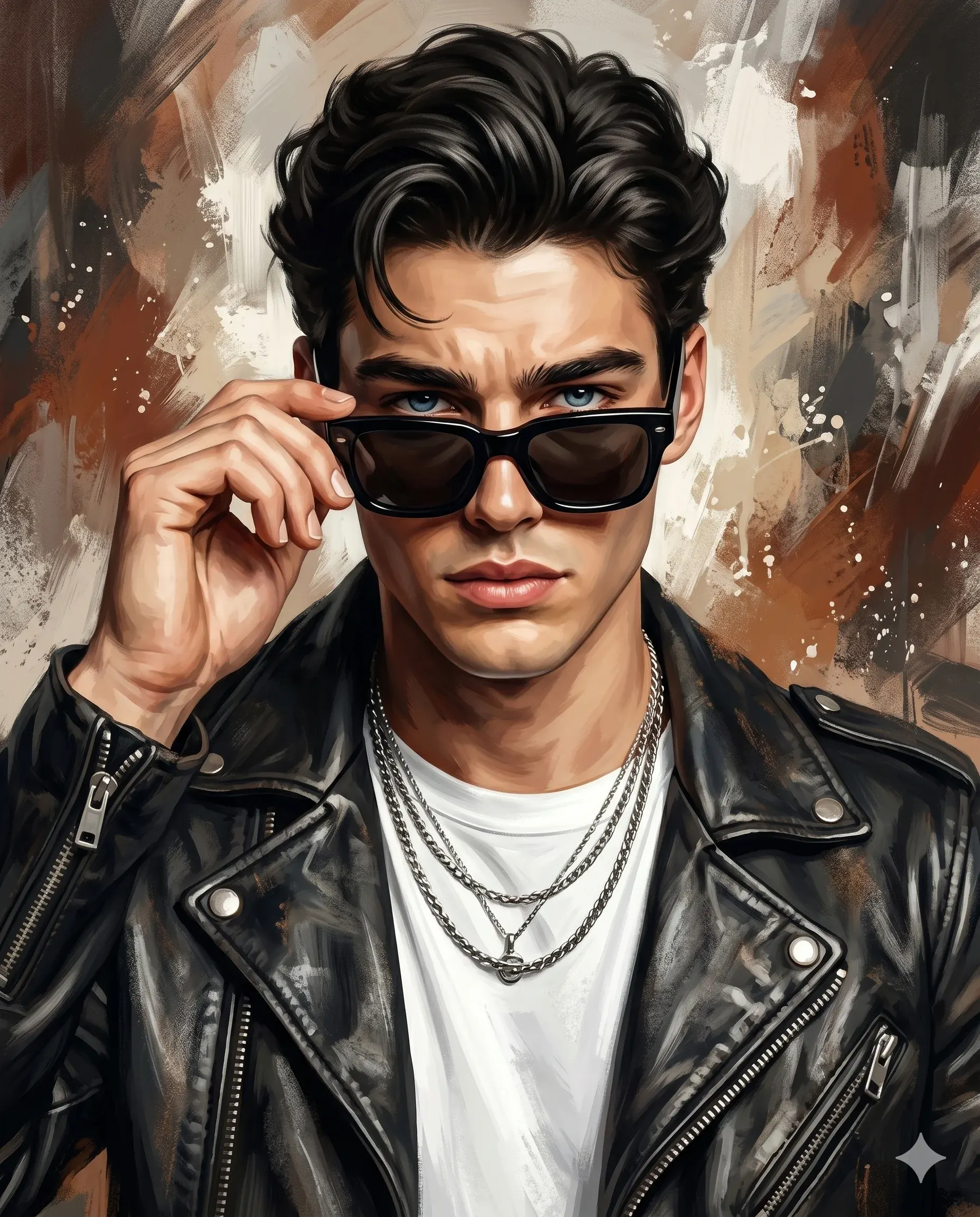 Painted portrait of a man adjusting black sunglasses while wearing a leather jacket and silver chains