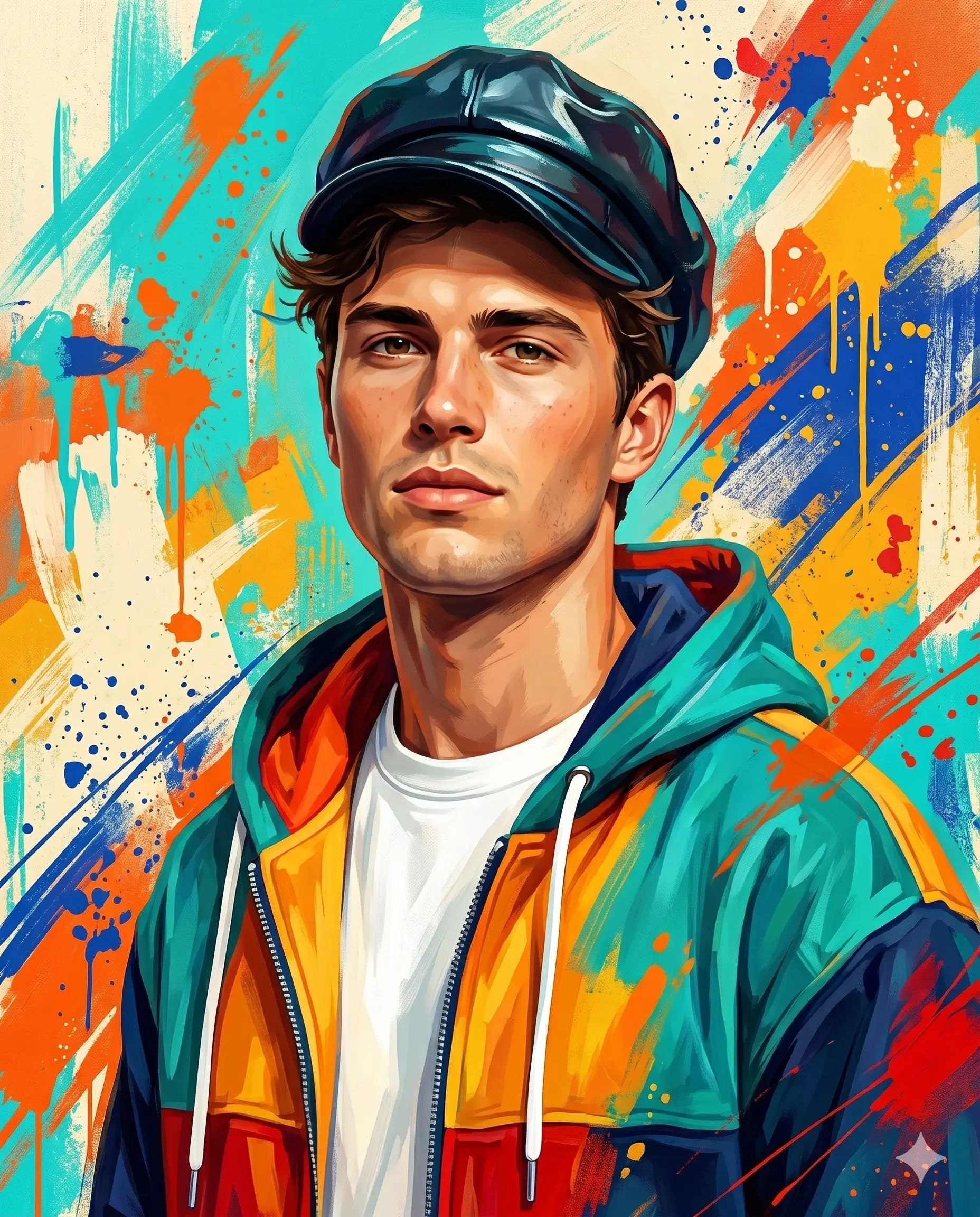 Painted portrait of a man in a colorful hoodie and dark cap against a splattered graffiti background