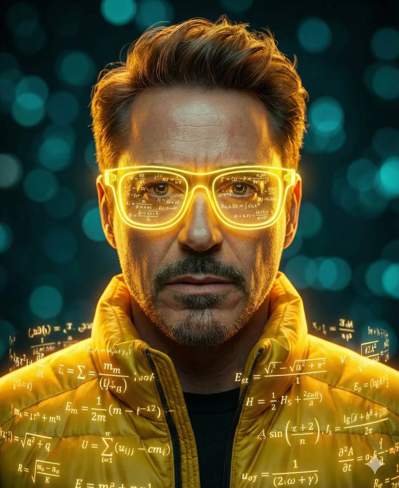 Man in glowing yellow glasses with mathematical formulas projected across his face and jacket