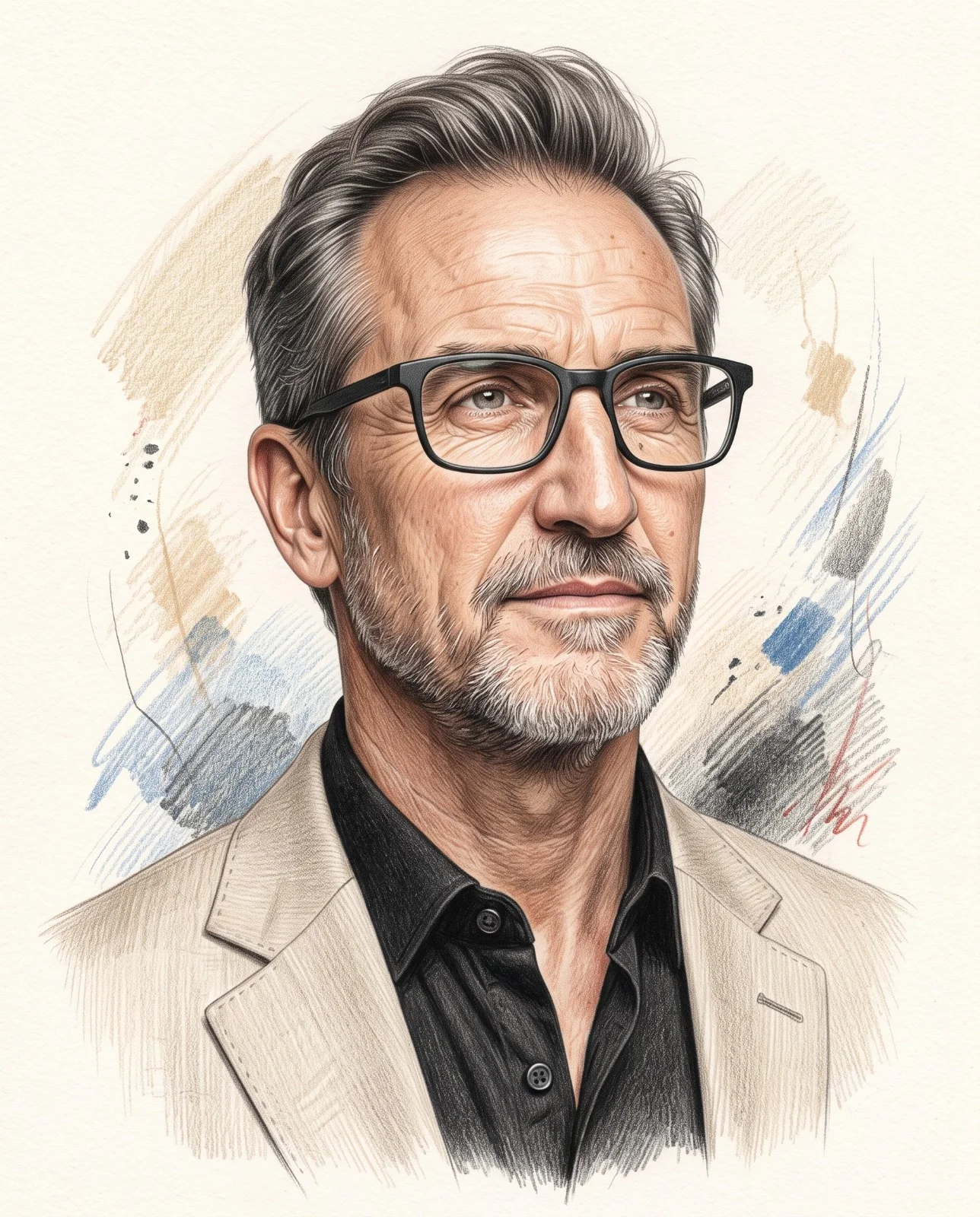 Distinguished gray-haired man in black glasses and a beige blazer drawn in colored pencil