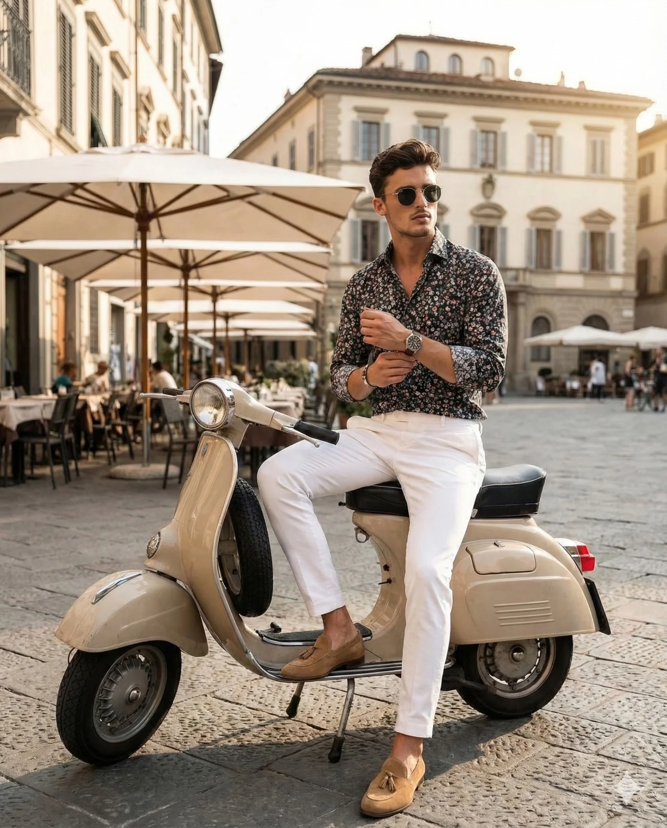 Stylish man in white trousers seated on a beige vintage scooter in a European square