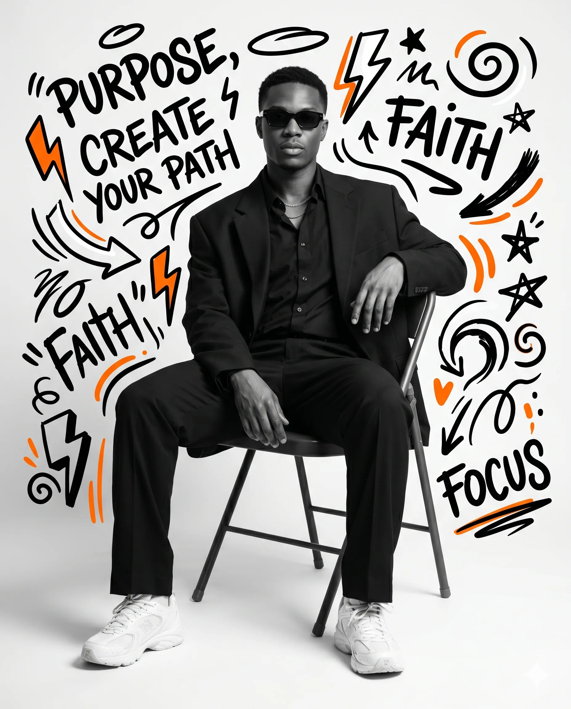 Man in a black suit seated among motivational black doodles and bright orange accents