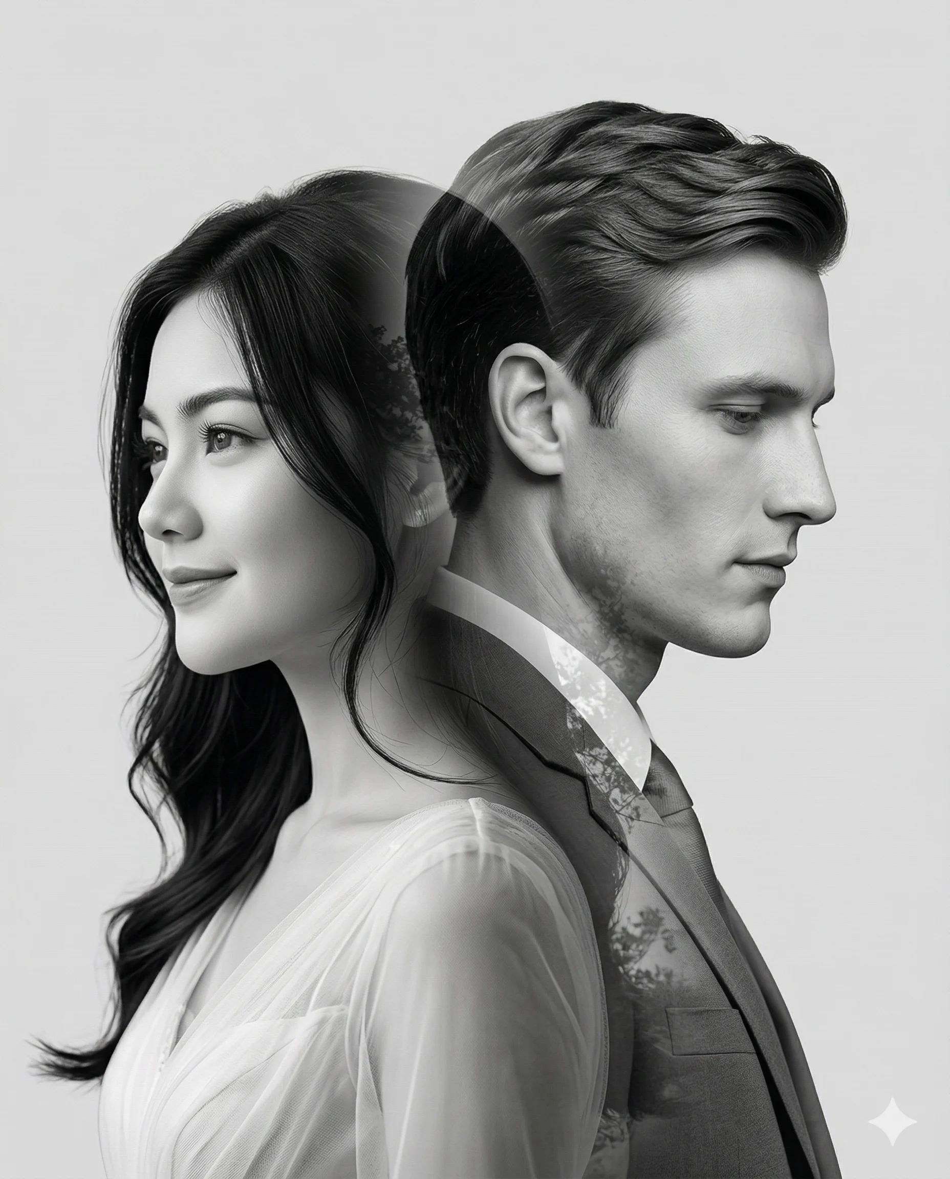 Bride and groom facing opposite directions in a soft gray double-exposure portrait