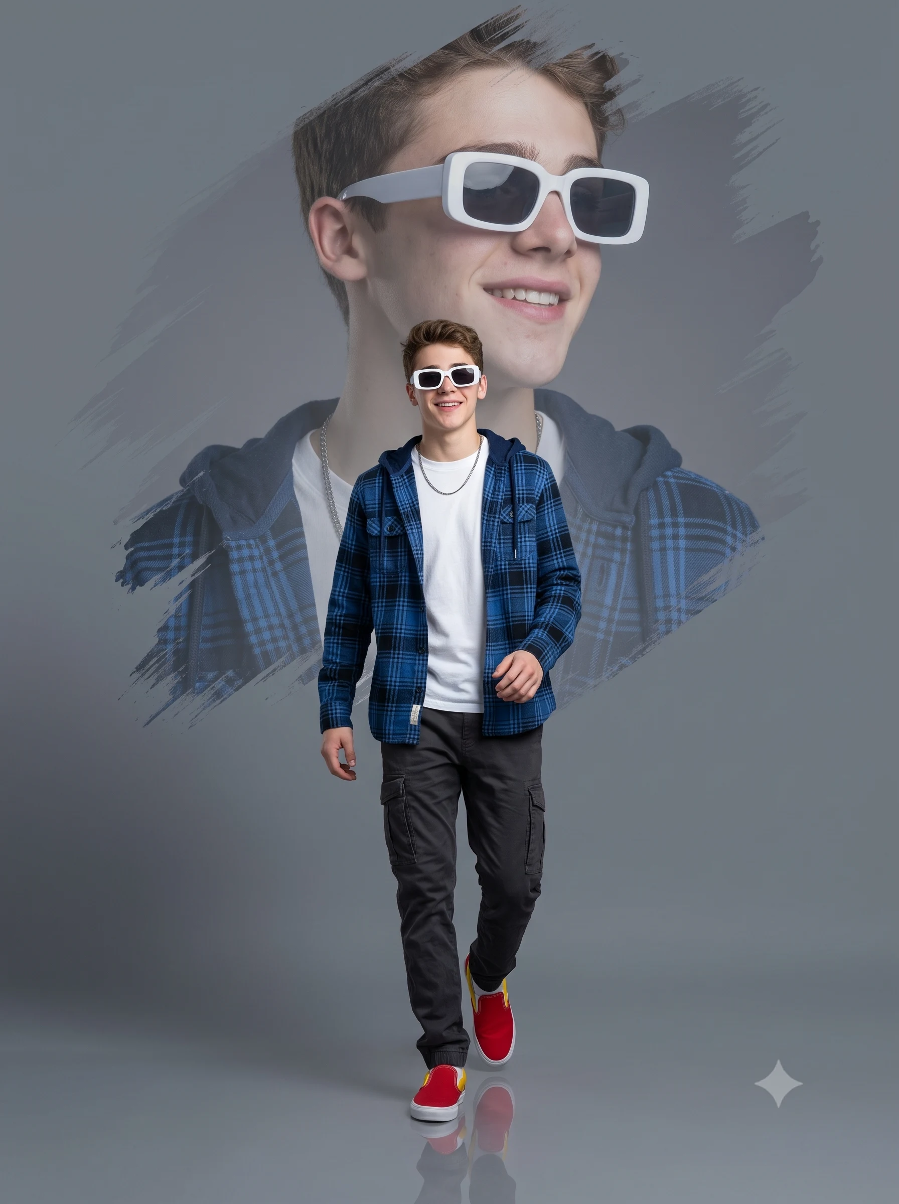 Smiling man in a blue plaid shirt and red shoes walking before a large faded portrait