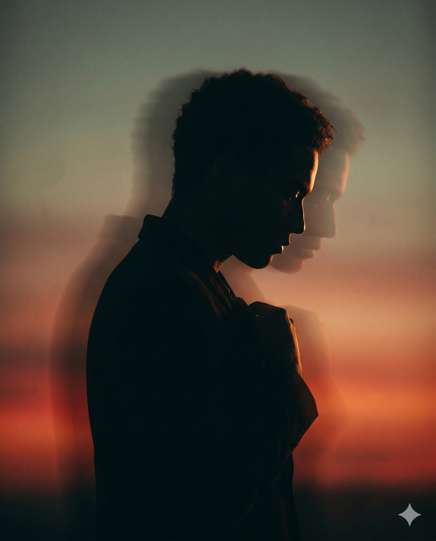 Dark side-profile silhouette with ghosted motion trails against a red-orange sunset