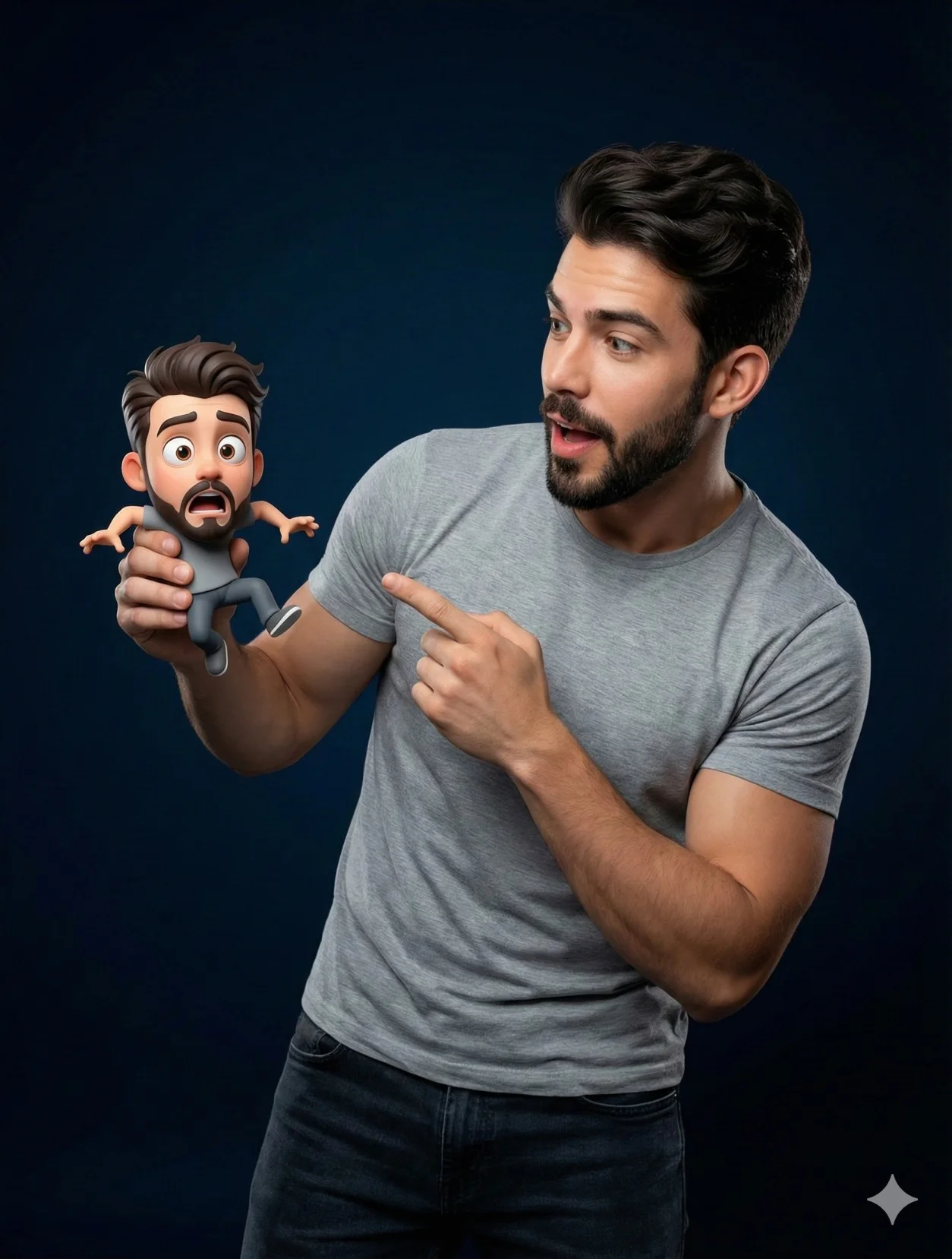 Man holding a small 3D miniature of himself and pointing toward it in a dark studio