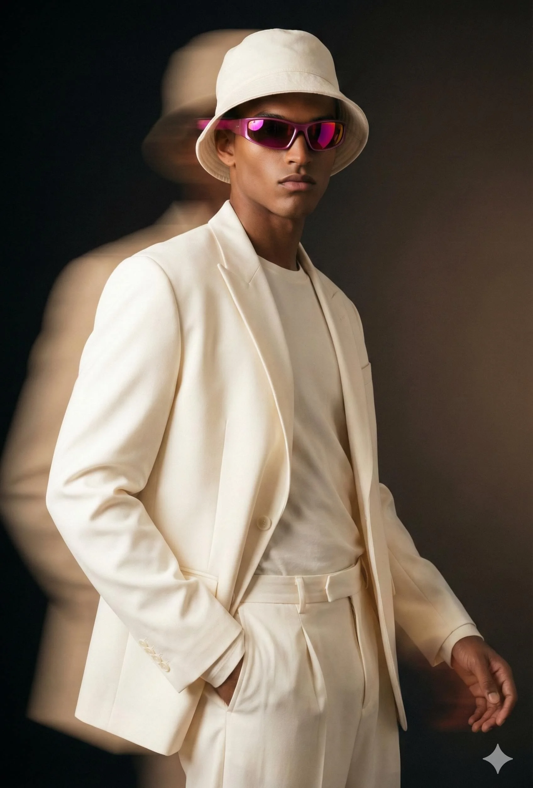 Dark-skinned male model in a cream suit and bucket hat with magenta sunglasses