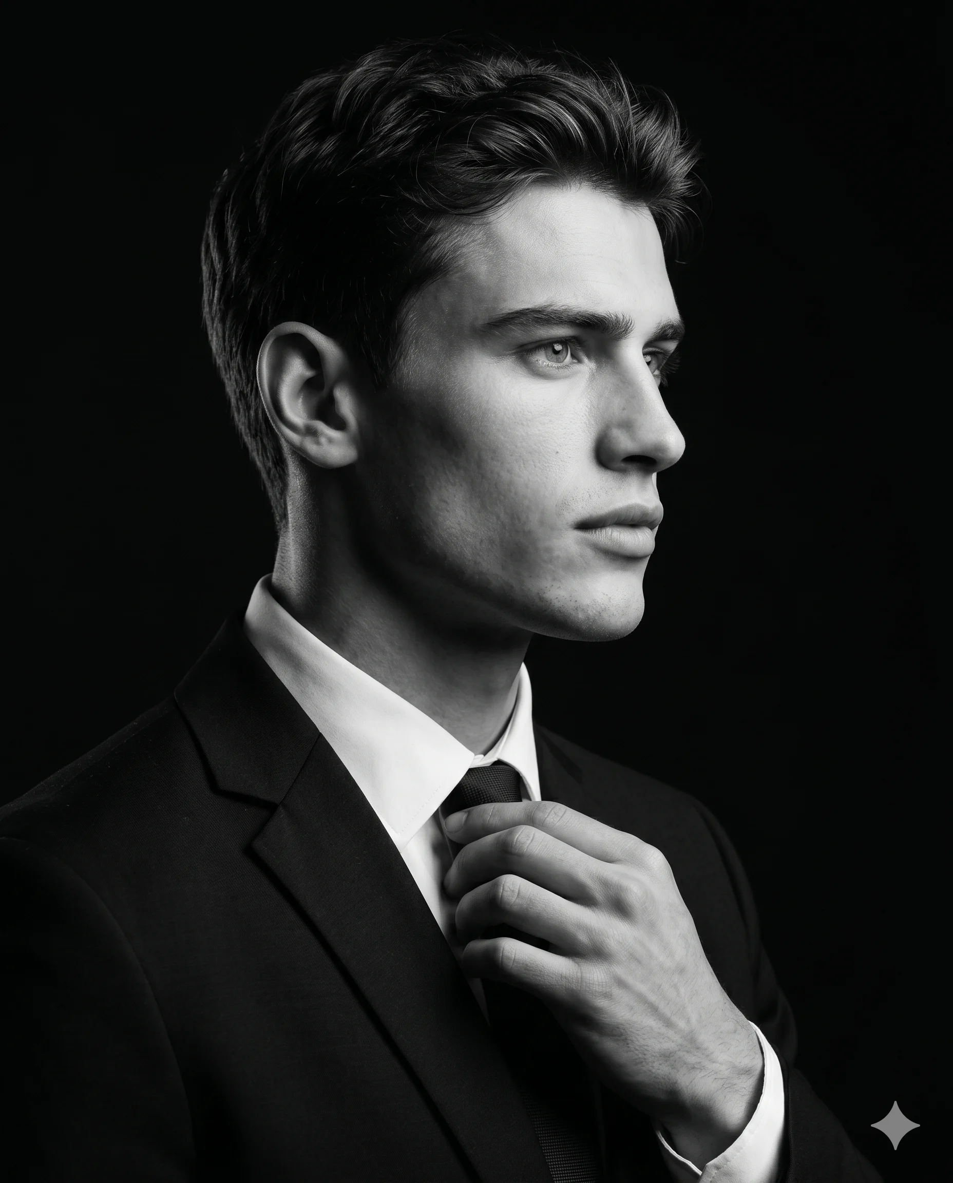 Man in a black suit adjusting his tie in a dramatic black-and-white studio portrait