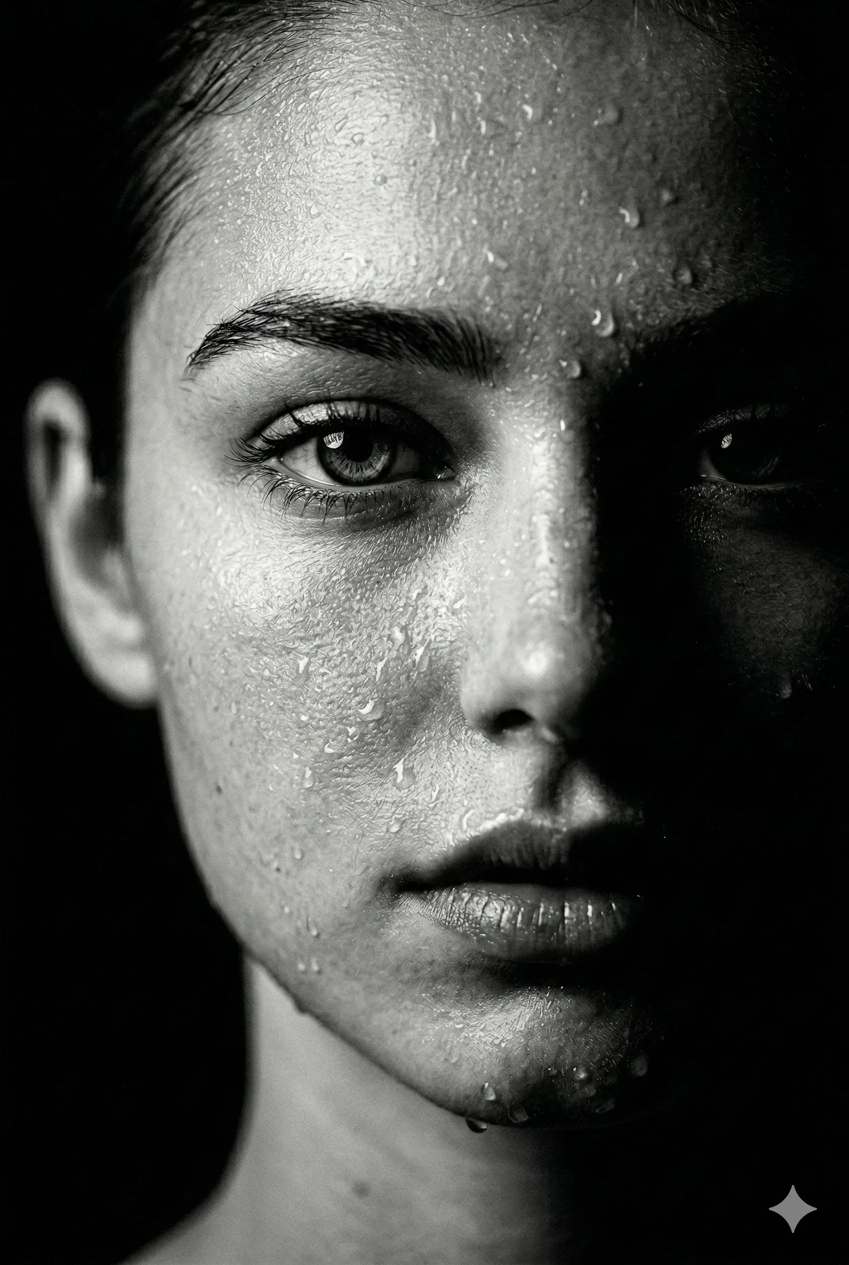 Close-up black-and-white portrait of a wet face half illuminated against pure black