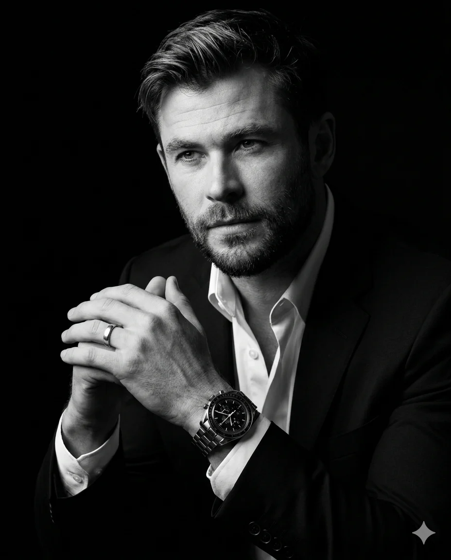 Suited man with interlocked hands, a chronograph watch, and silver ring in monochrome light