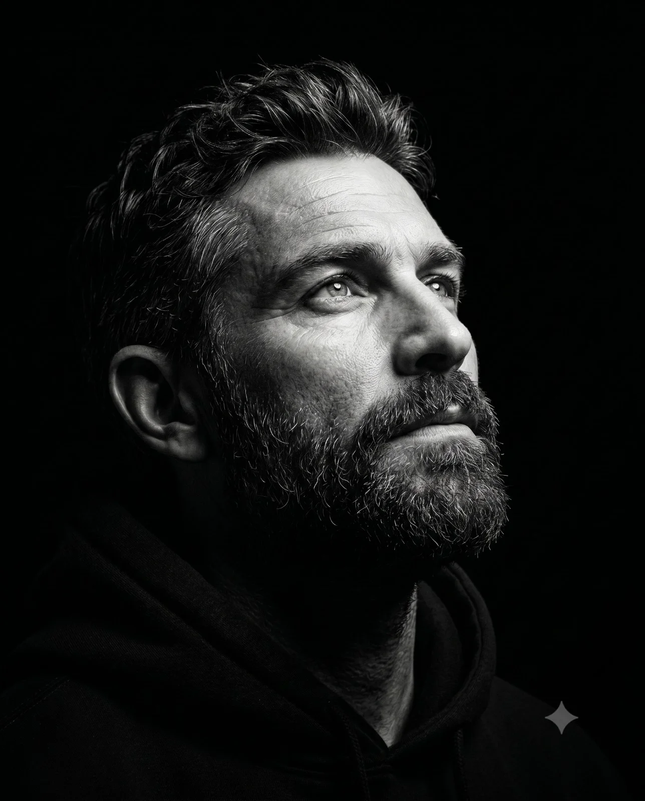 Bearded man in a dark hoodie looking upward as focused light reveals his face