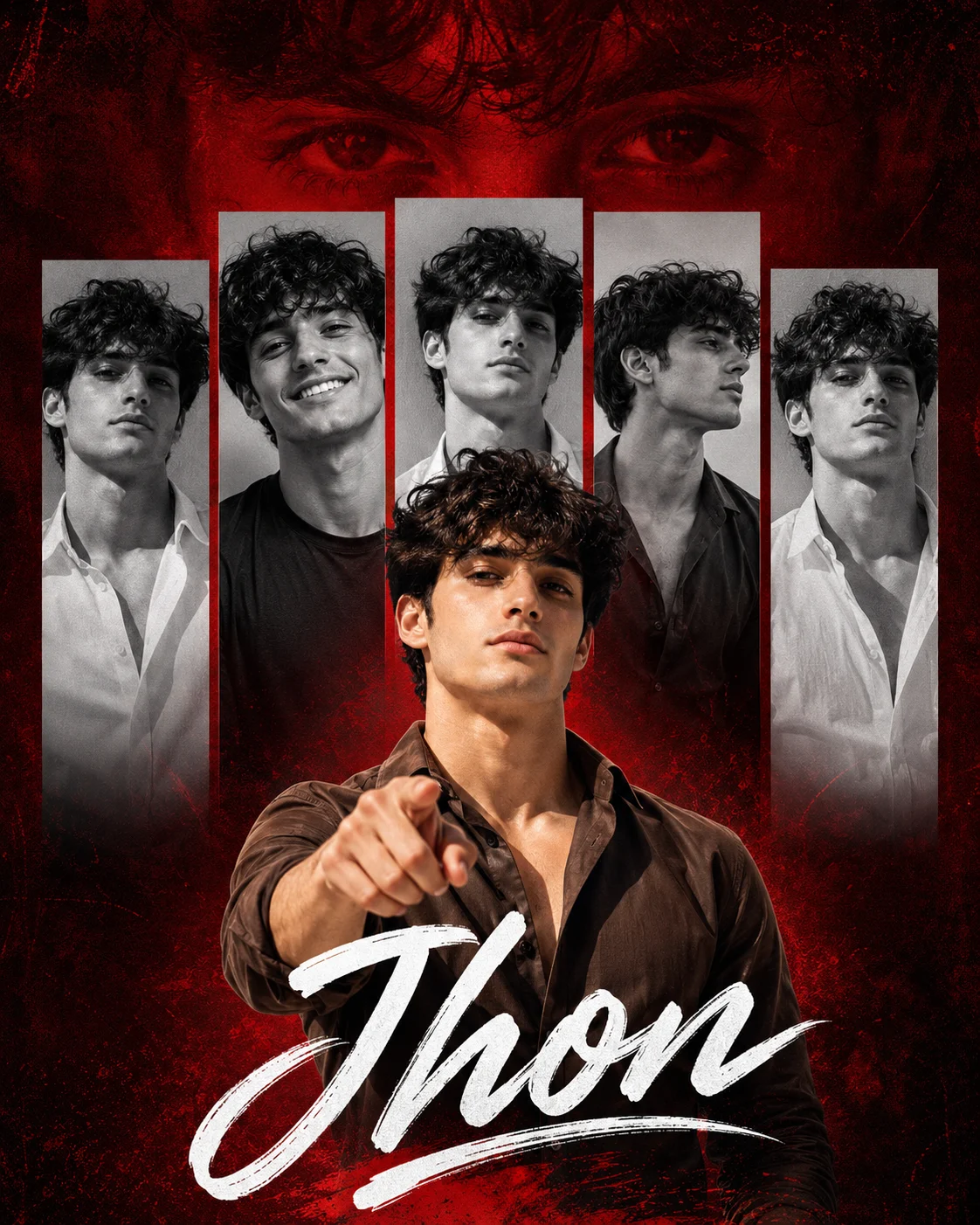 Red tribute poster with five portraits, a pointing man, large eyes, and white Jhon signature