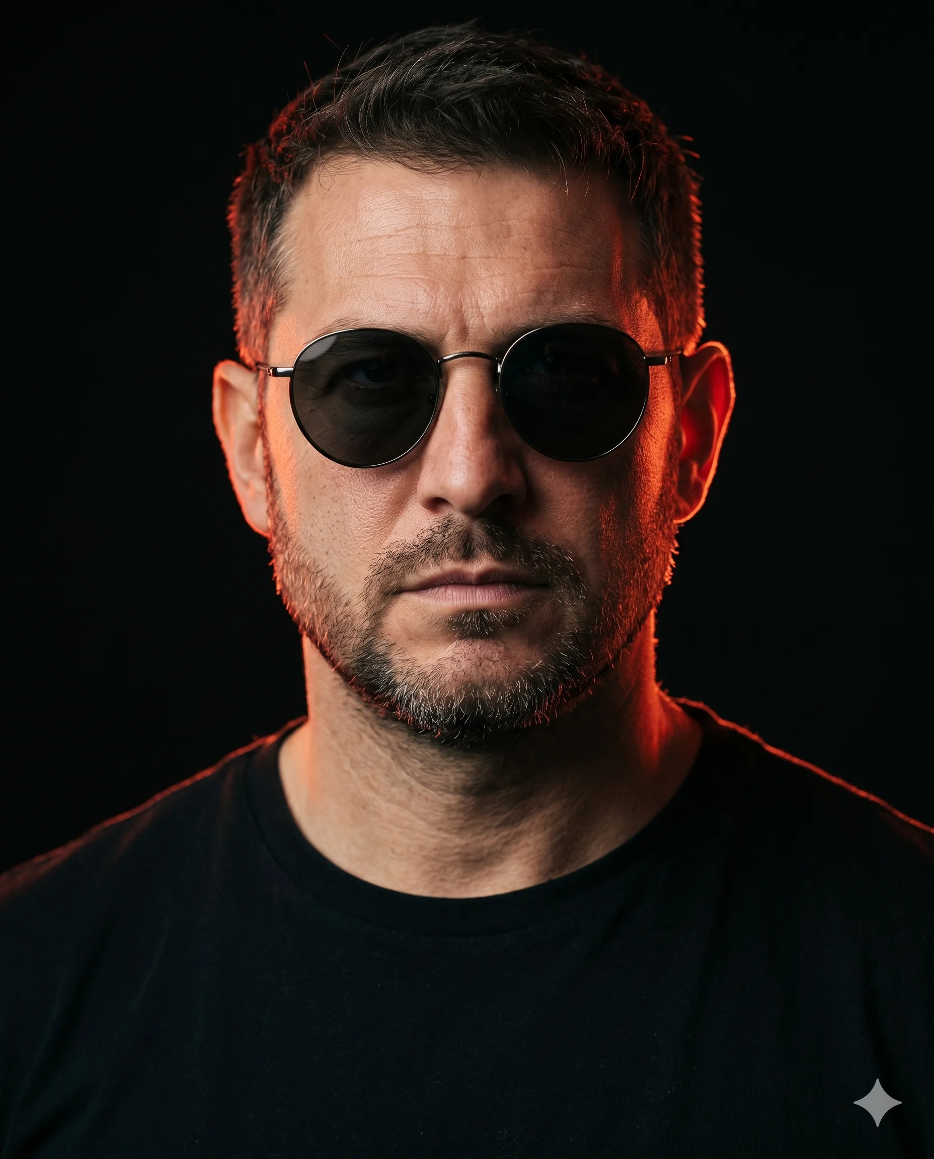Serious man in round dark sunglasses outlined by red-orange rim light on black