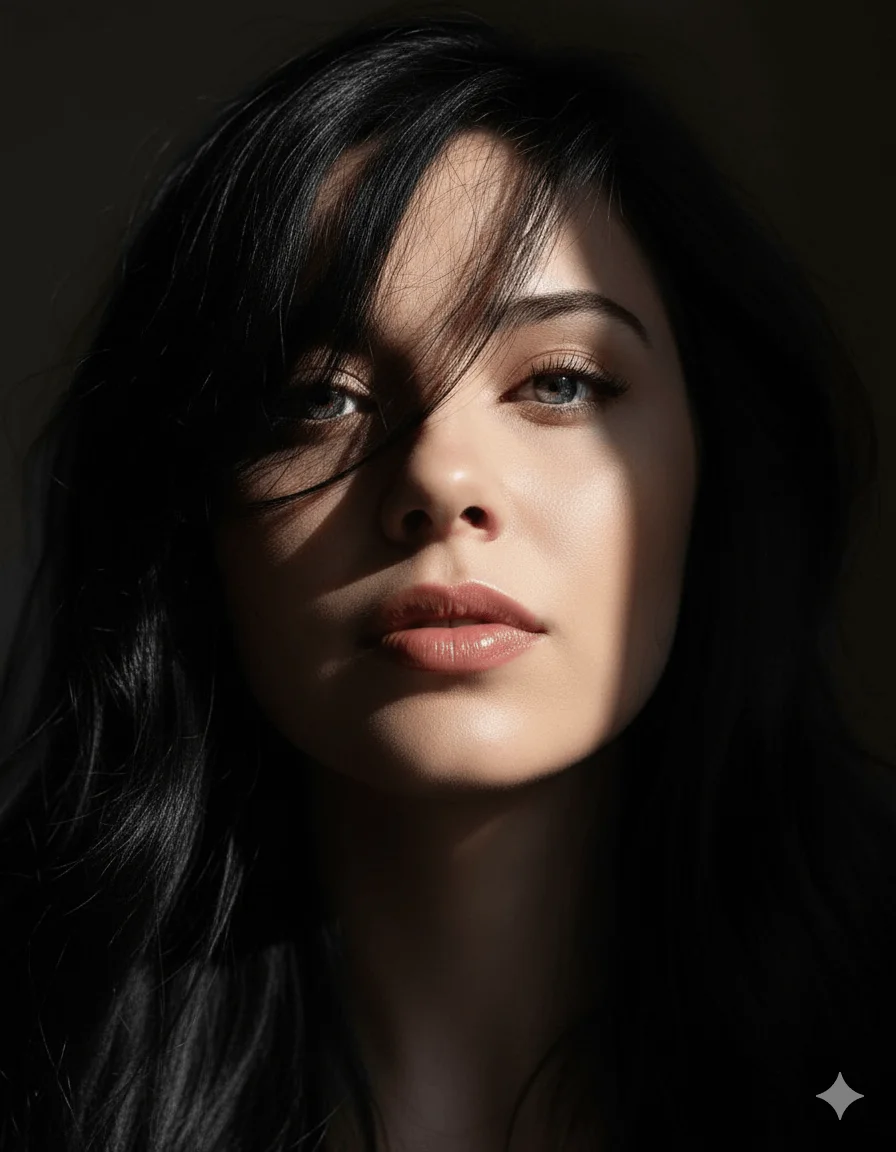 Woman with dark windswept hair and a diagonal beam of light crossing her face
