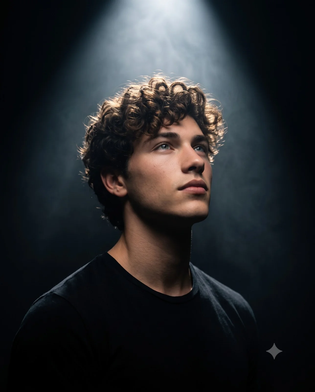 Curly-haired man in a black shirt looking upward beneath a bright overhead spotlight