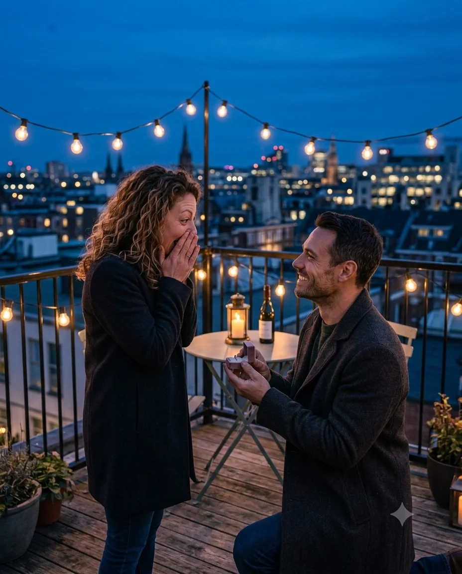 Rooftop Proposal at Blue Hour