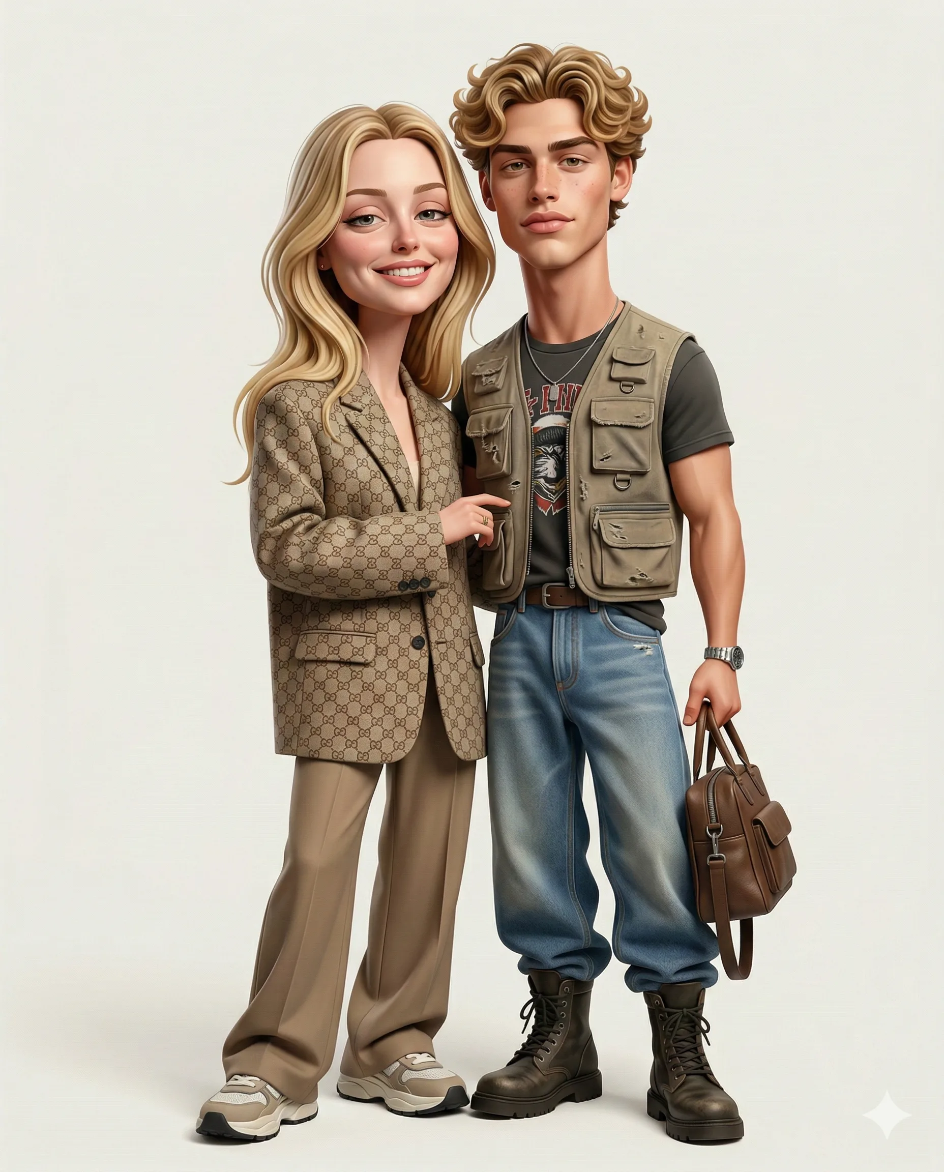 Stylized full-body 3D caricature couple wearing coordinated high-fashion outfits
