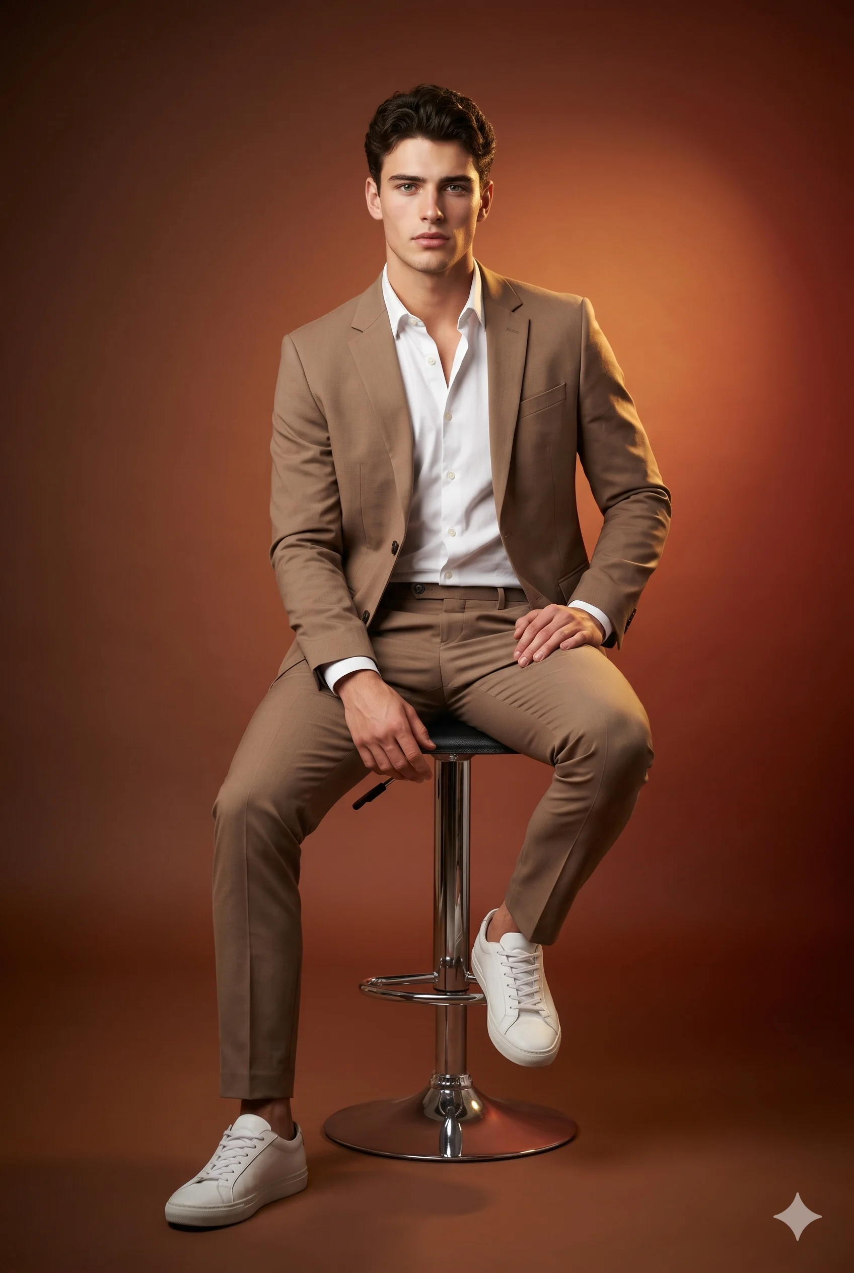 Man in a tailored tan suit and white sneakers seated on a chrome stool against warm brown