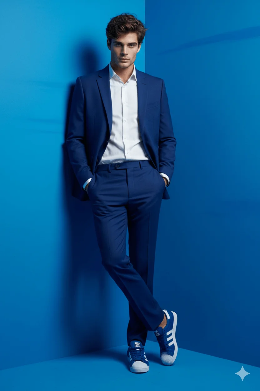 Man in a deep-blue suit and matching sneakers leaning against electric-blue studio walls
