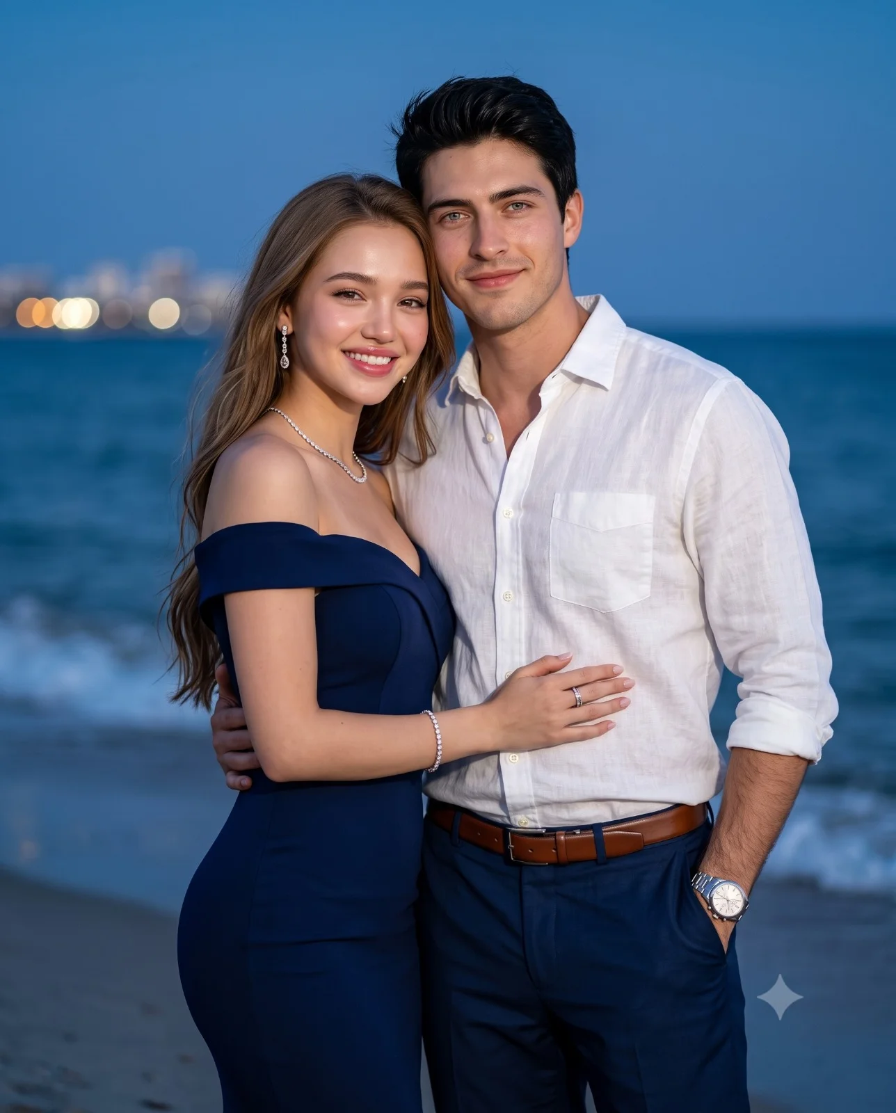 Elegant smiling couple embracing on a beach at twilight with coastal lights behind them