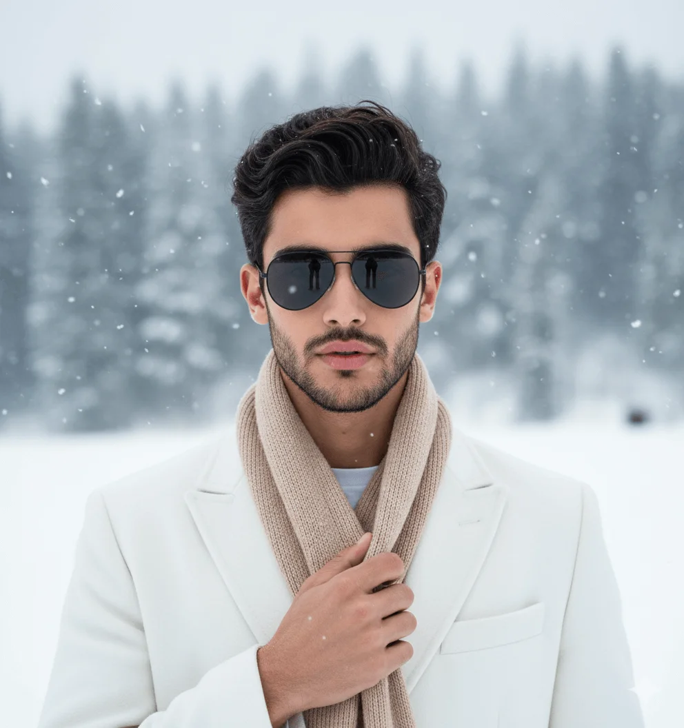 Man in a white coat and beige scarf standing in a softly falling snow landscape