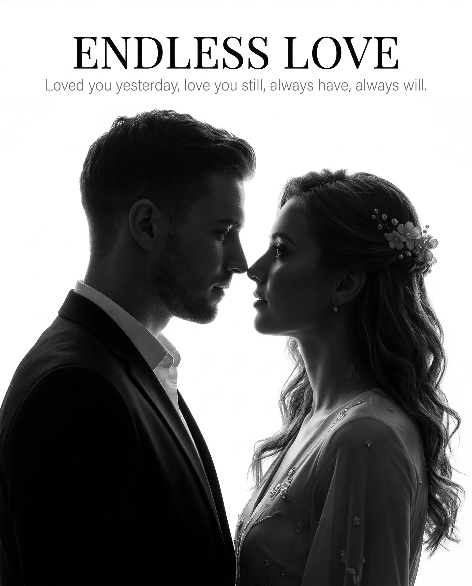 Black silhouette of a couple nearly kissing beneath Endless Love typography