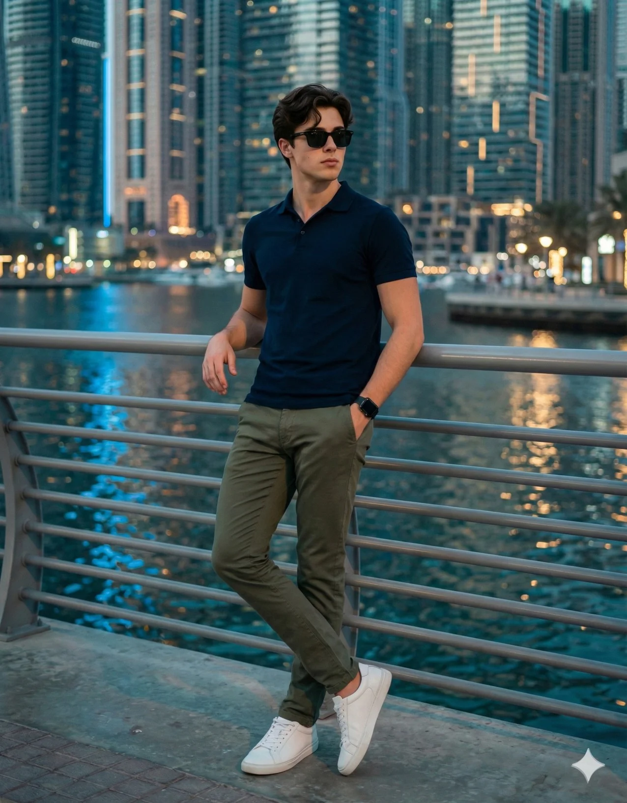 Man in a navy polo leaning on a waterfront railing before blurred city lights