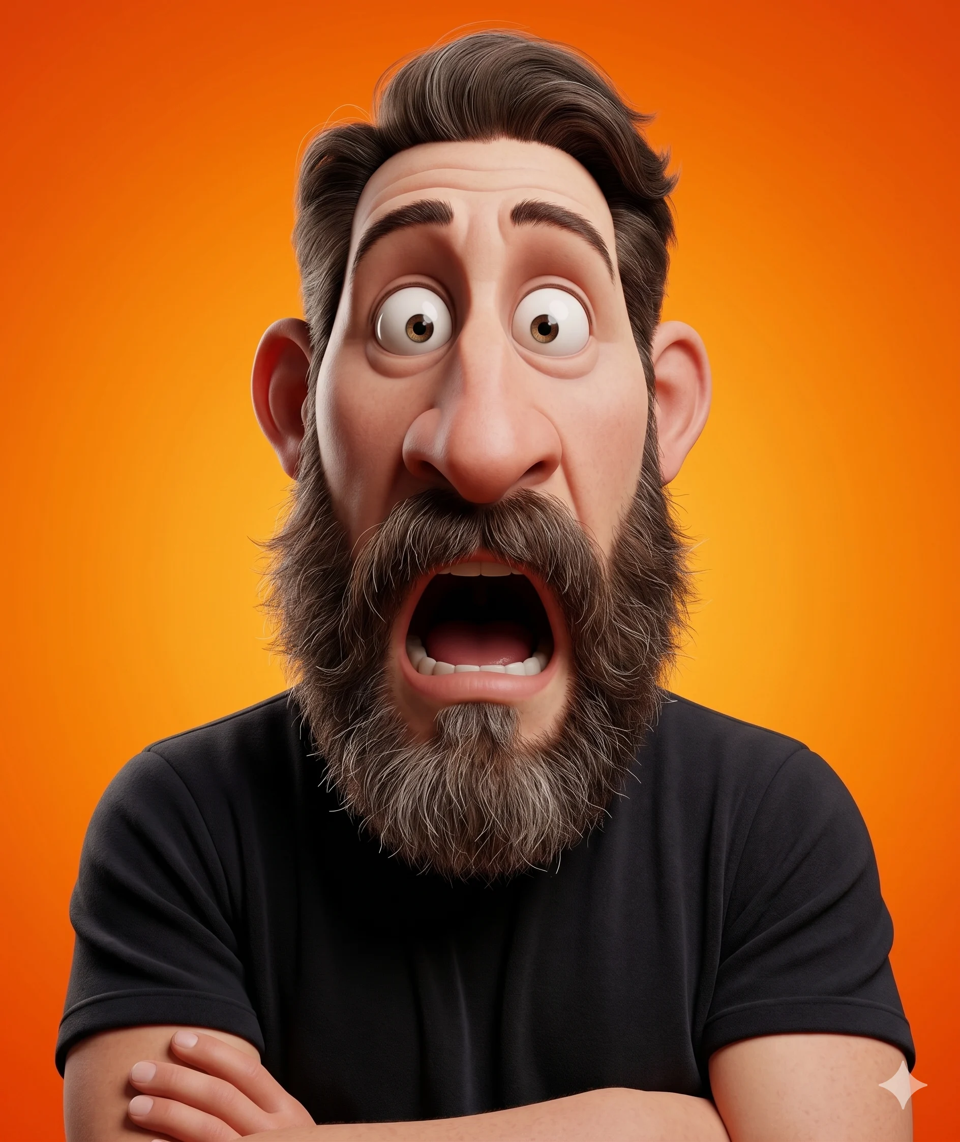 Exaggerated bearded 3D cartoon avatar with a shocked expression on orange