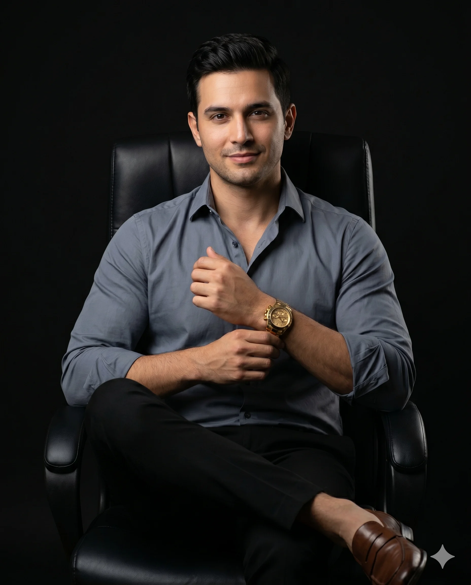 Confident man in a gray shirt seated in a black leather executive chair