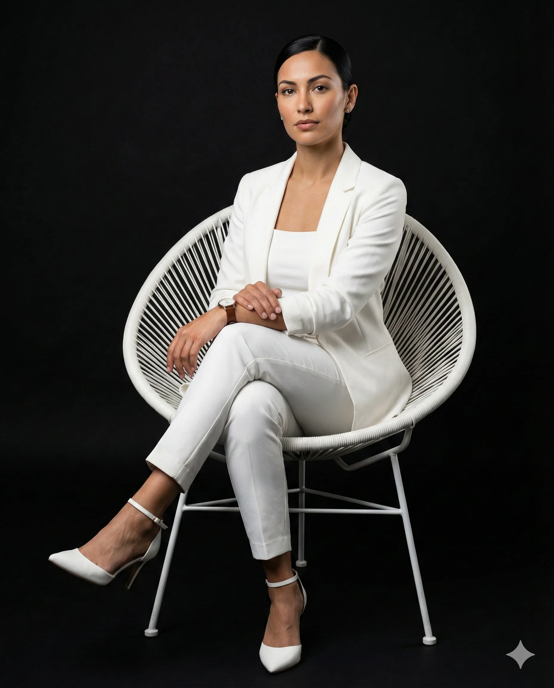Woman in a white power suit seated in a white woven chair against black
